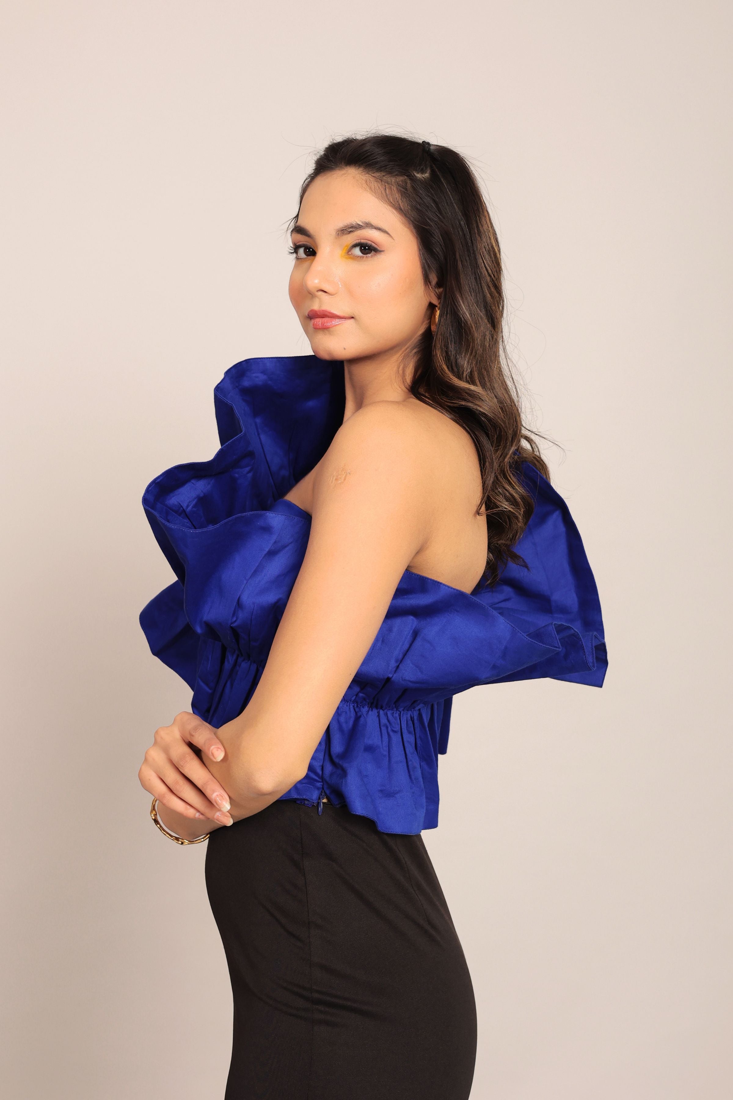 Blue Solid Ruffled One Sholder Top - Kaoribyshreya