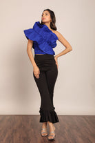 Blue Solid Ruffled One Sholder Top - Kaoribyshreya