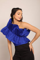 Blue Solid Ruffled One Sholder Top - Kaoribyshreya