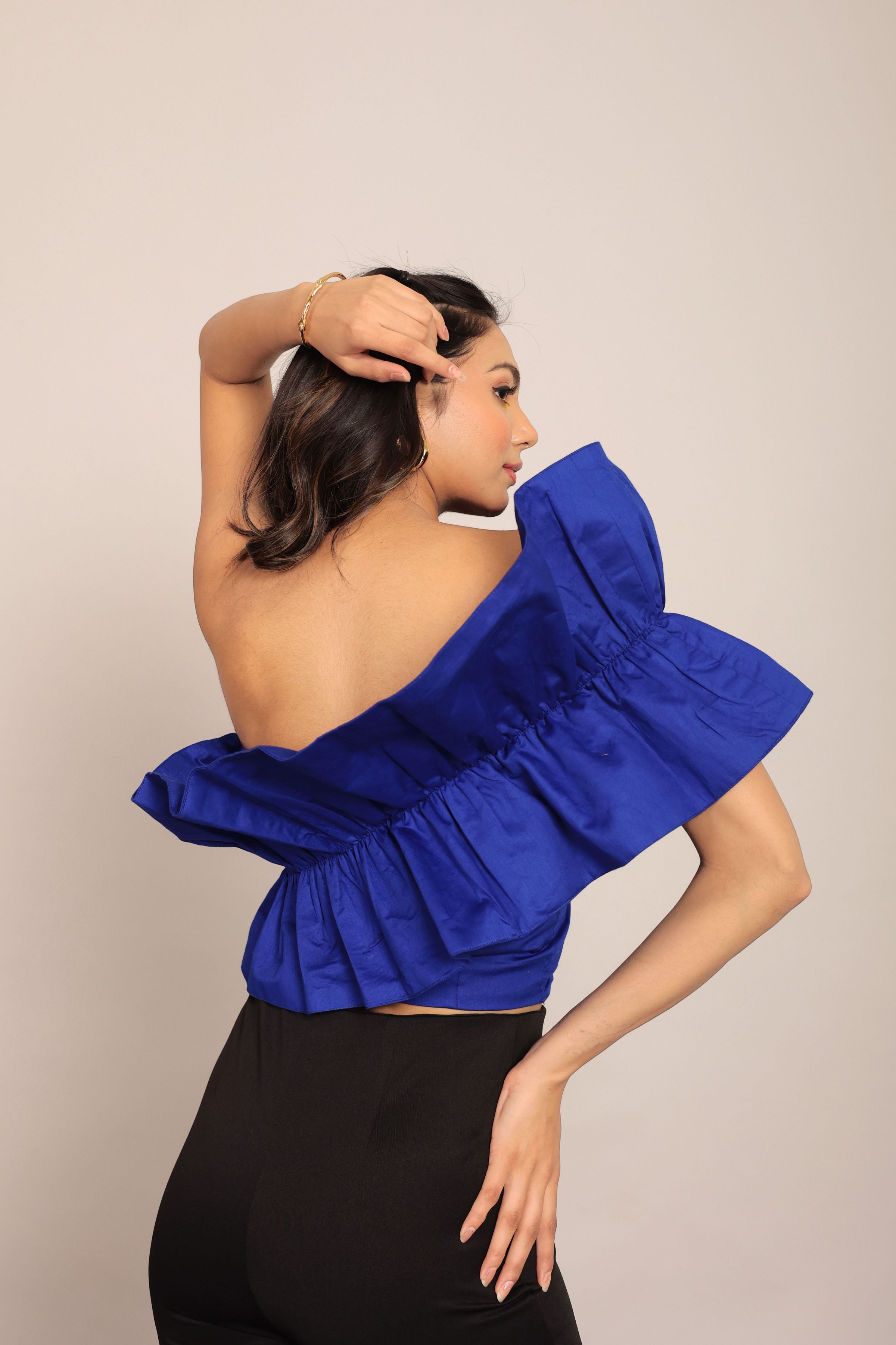 Blue Solid Ruffled One Sholder Top - Kaoribyshreya