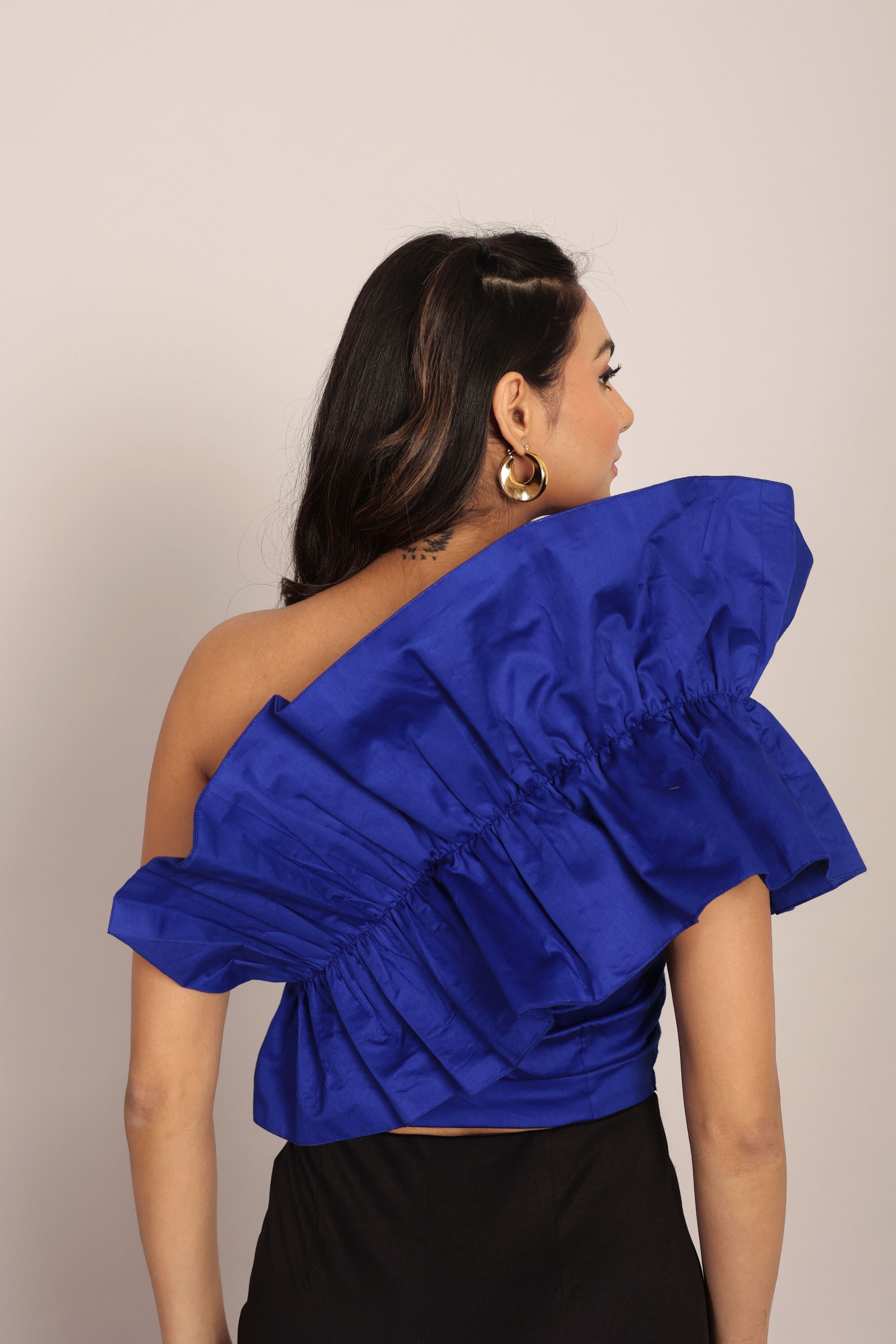 Blue Solid Ruffled One Sholder Top - Kaoribyshreya