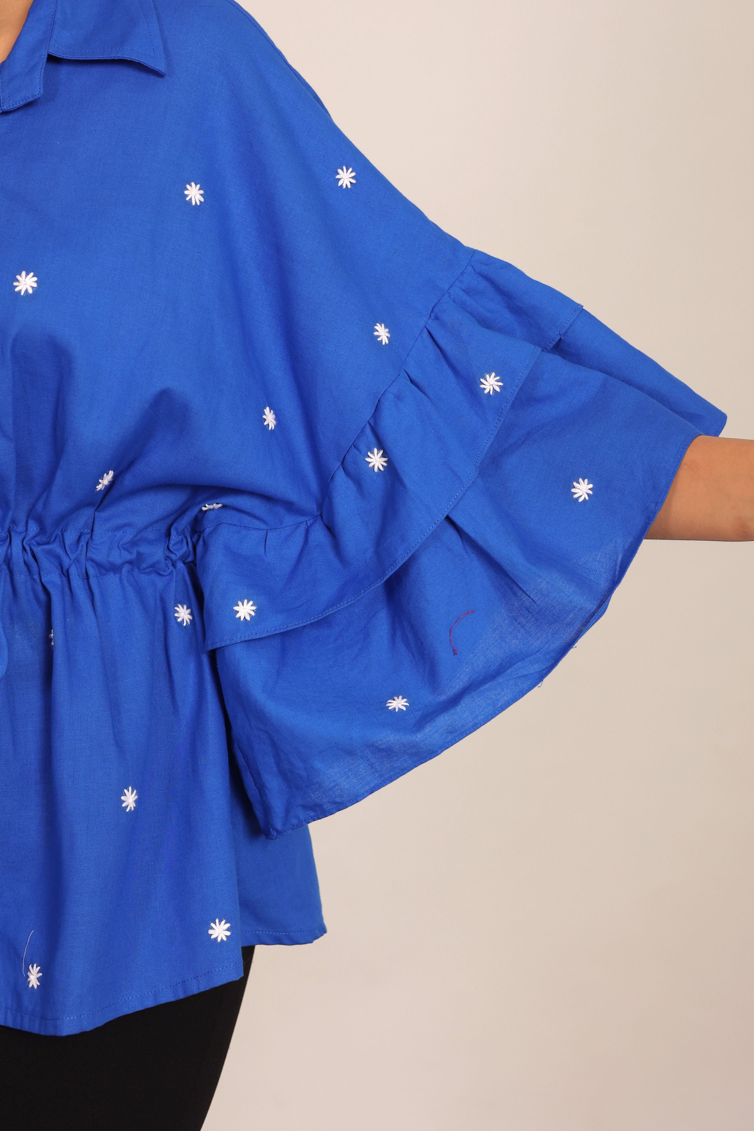 Blue Solid Summer Relaxed Embroidered  Top With Waist Tie - Kaoribyshreya