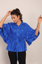 Blue Solid Summer Relaxed Embroidered  Top With Waist Tie - Kaoribyshreya