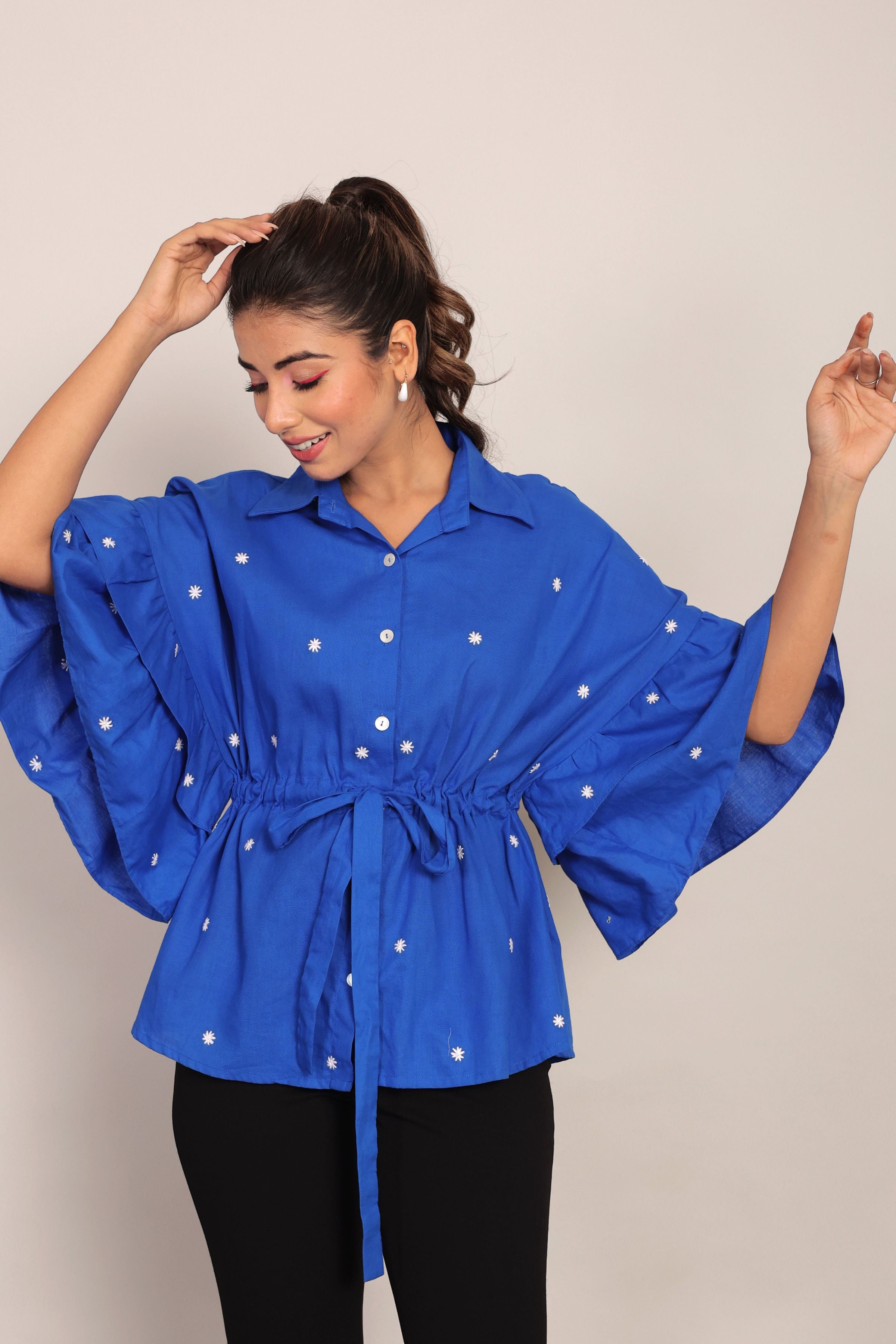 Blue Solid Summer Relaxed Embroidered  Top With Waist Tie - Kaoribyshreya