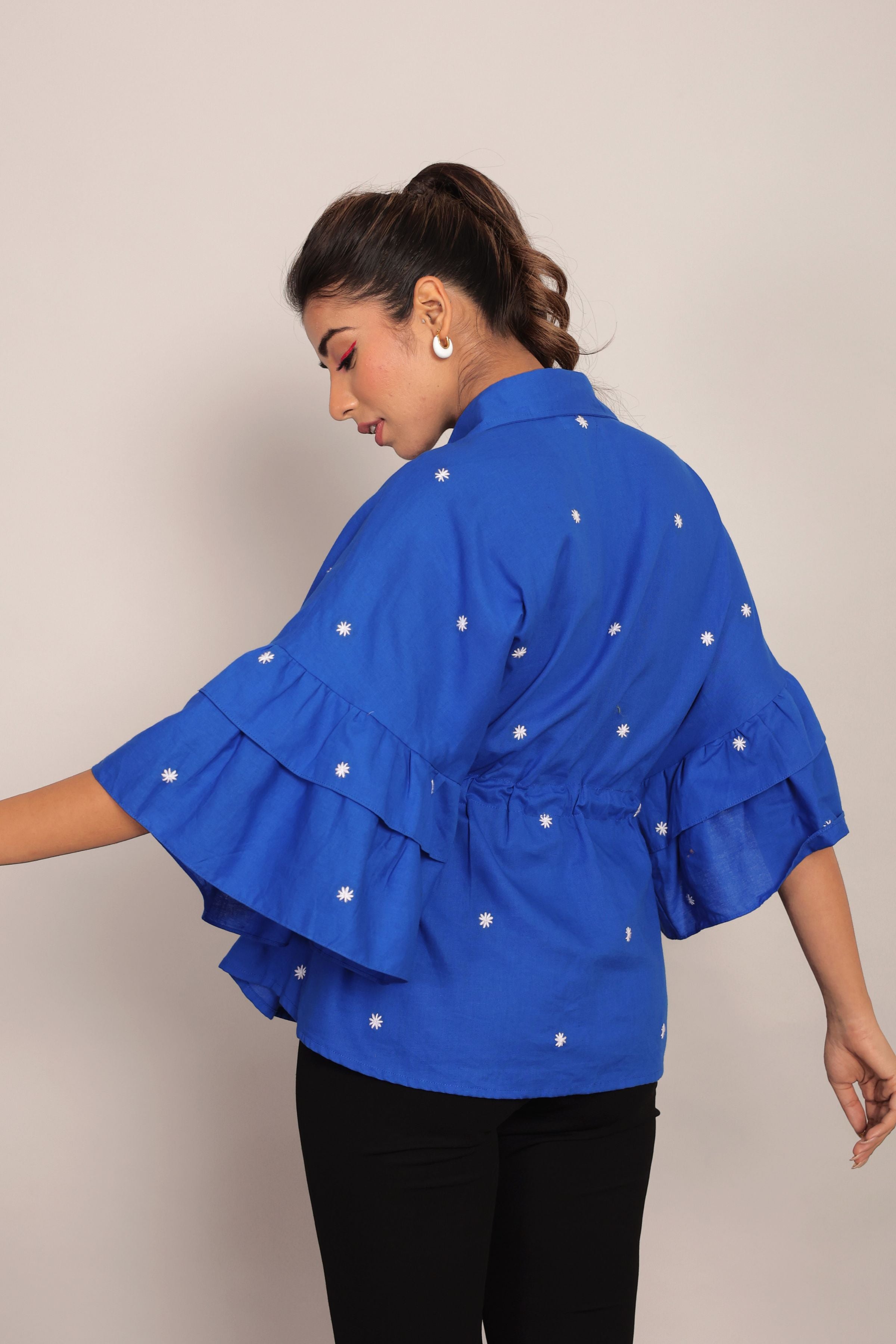 Blue Solid Summer Relaxed Embroidered  Top With Waist Tie - Kaoribyshreya