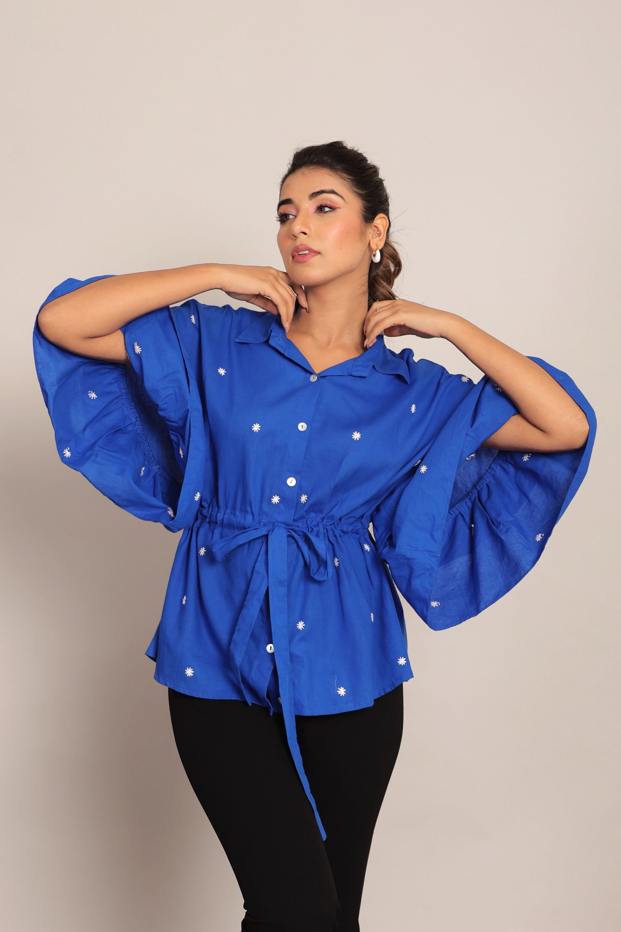 Blue Solid Summer Relaxed Embroidered  Top With Waist Tie - Kaoribyshreya