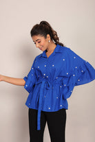 Blue Solid Summer Relaxed Embroidered  Top With Waist Tie - Kaoribyshreya