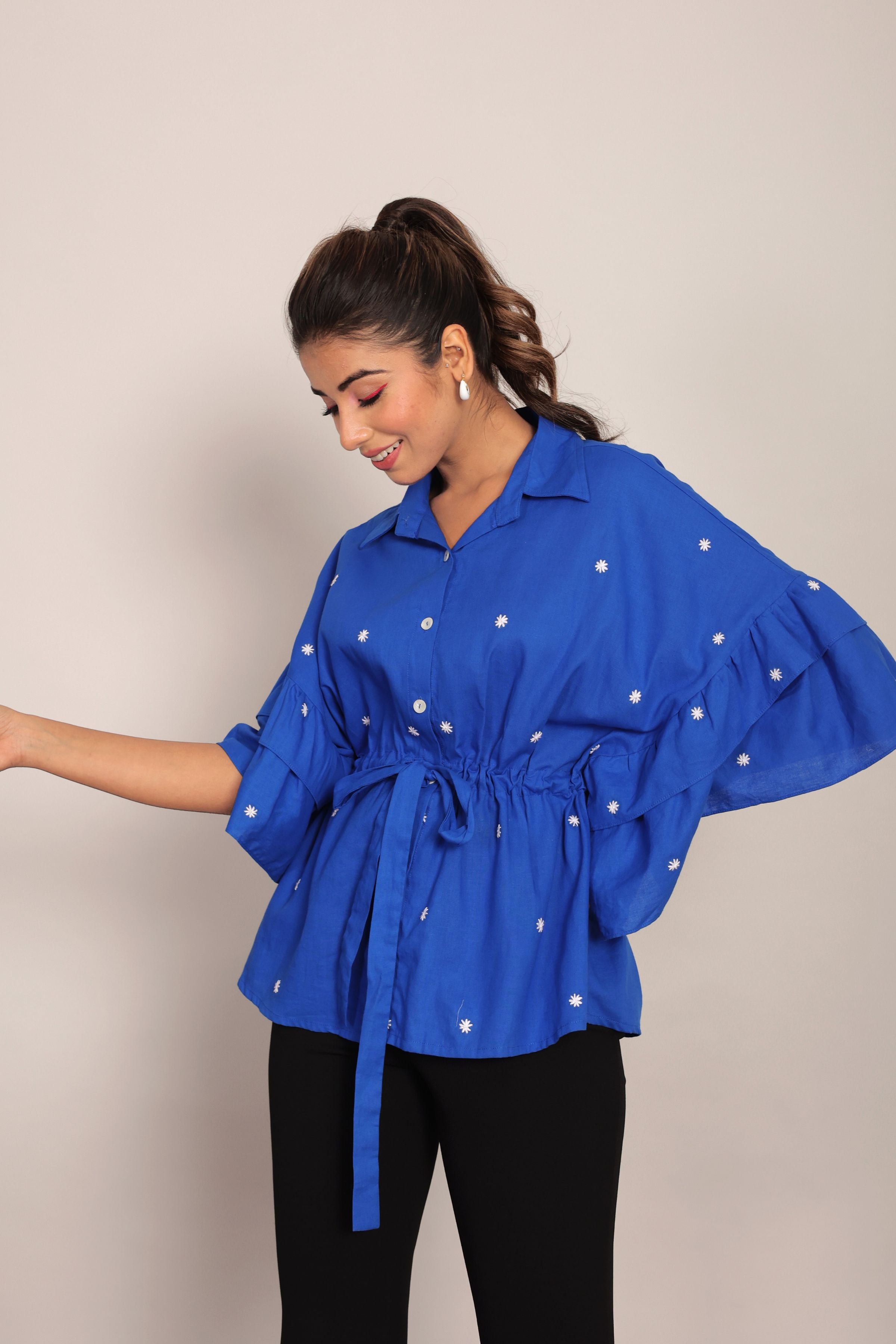 Blue Solid Summer Relaxed Embroidered  Top With Waist Tie - Kaoribyshreya