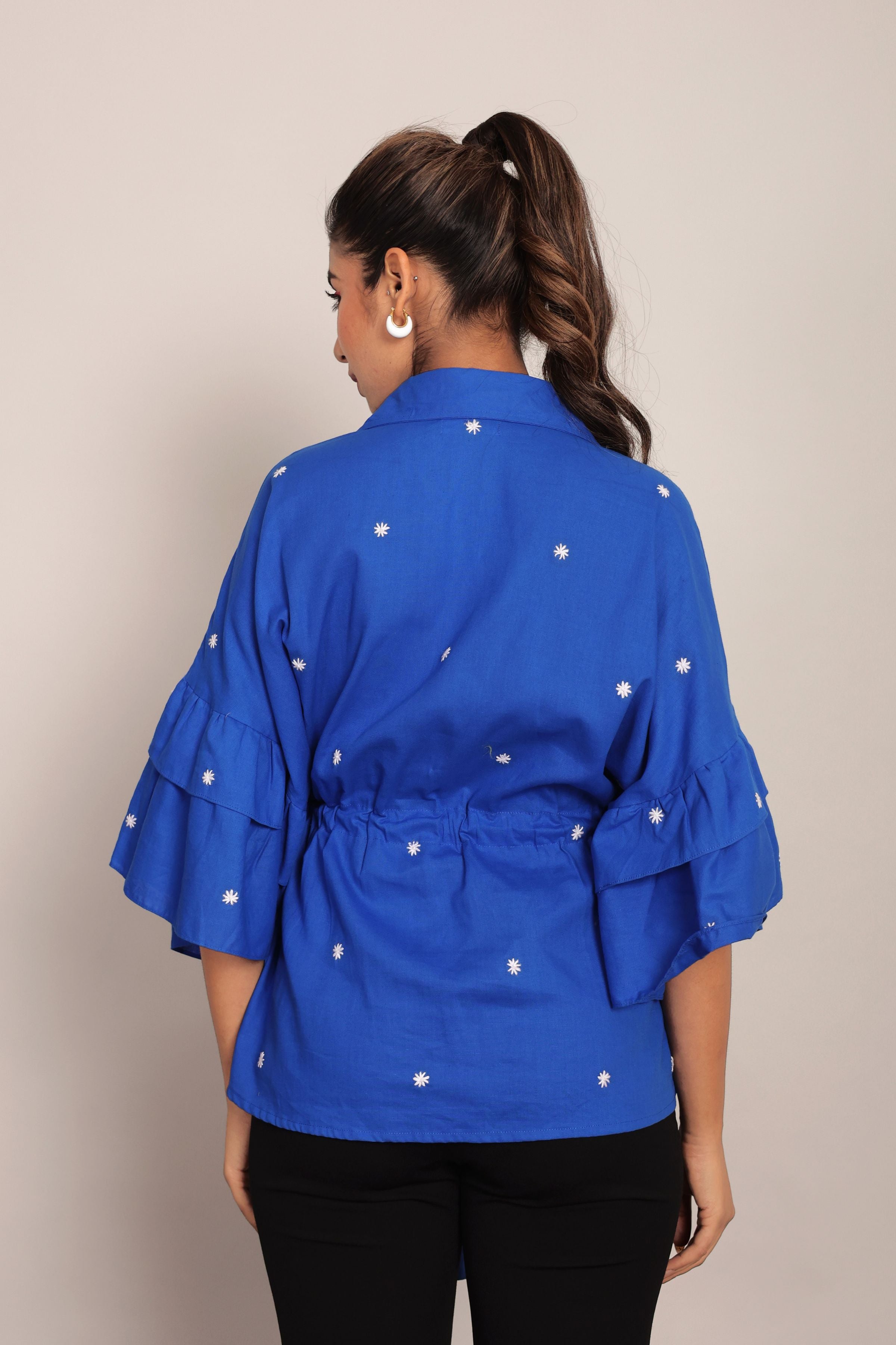 Blue Solid Summer Relaxed Embroidered  Top With Waist Tie - Kaoribyshreya