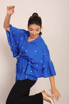 Blue Solid Summer Relaxed Embroidered  Top With Waist Tie - Kaoribyshreya