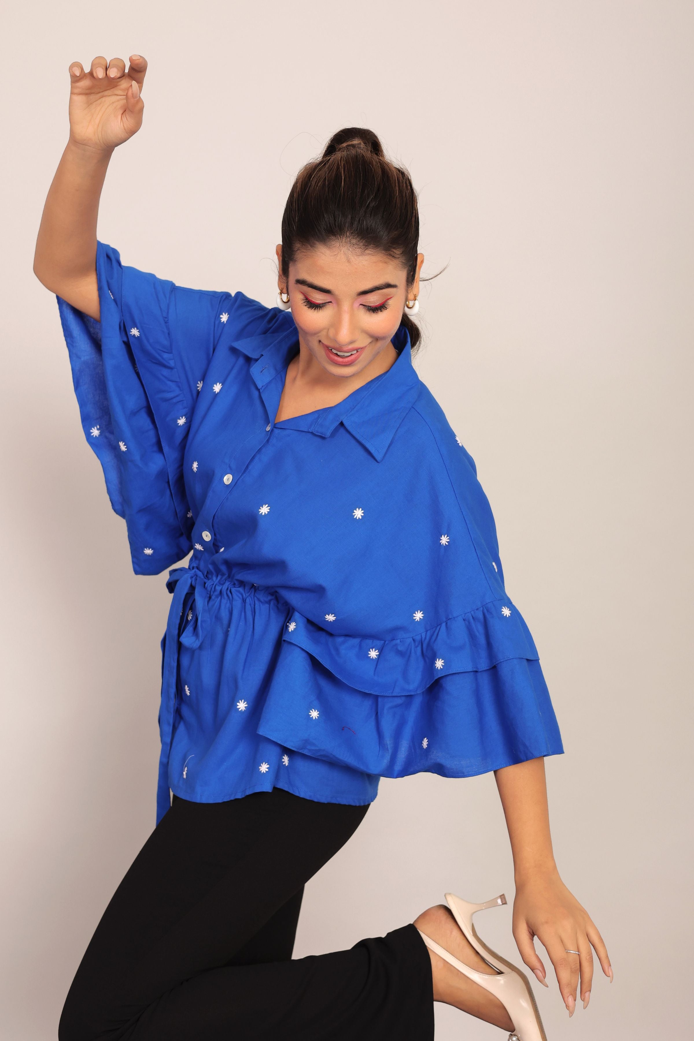Blue Solid Summer Relaxed Embroidered  Top With Waist Tie - Kaoribyshreya