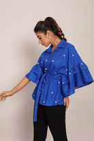 Blue Solid Summer Relaxed Embroidered  Top With Waist Tie - Kaoribyshreya
