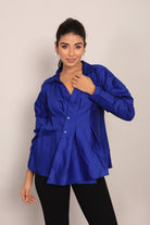Blue Solid Summer Relaxed Top With Collar Neckline - Kaoribyshreya