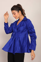 Blue Solid Summer Relaxed Top With Collar Neckline - Kaoribyshreya