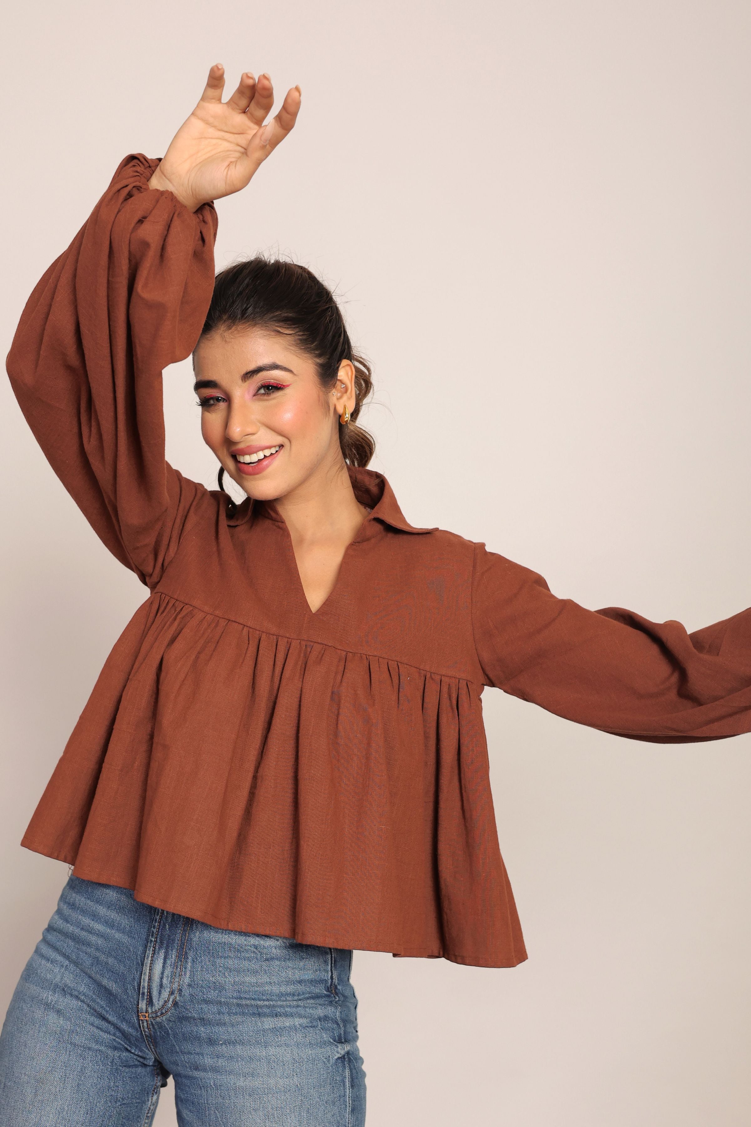 Brown Solid Collar Neckline Top - Kaoribyshreya
