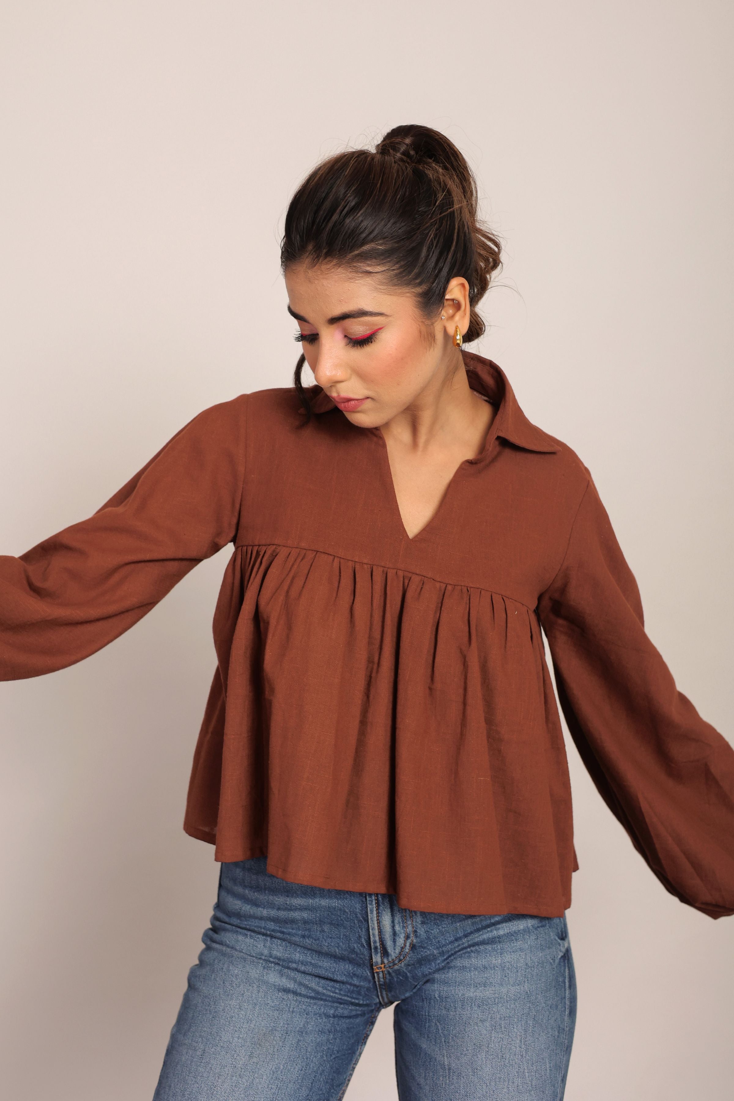 Brown Solid Collar Neckline Top - Kaoribyshreya