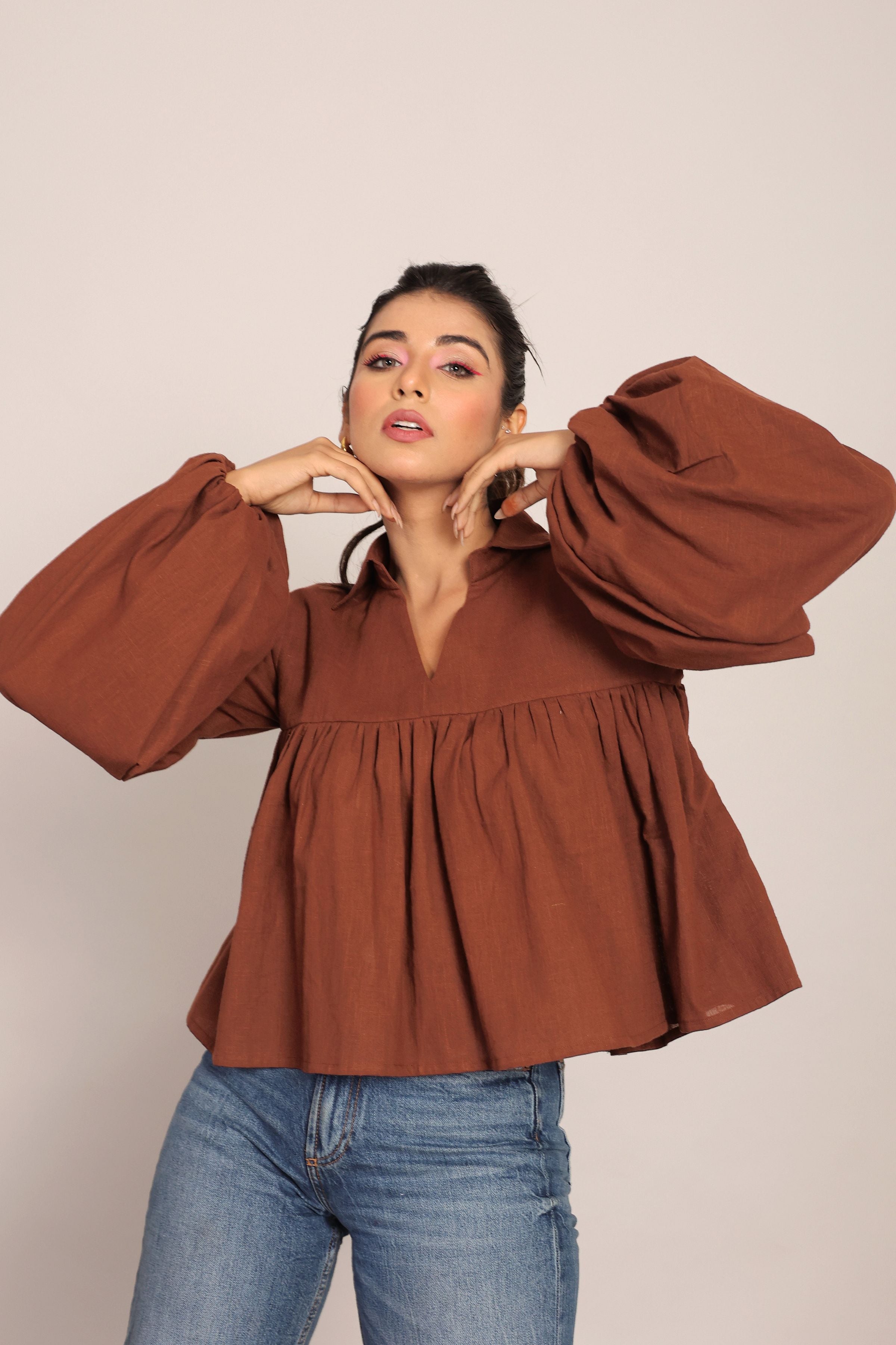 Brown Solid Collar Neckline Top - Kaoribyshreya