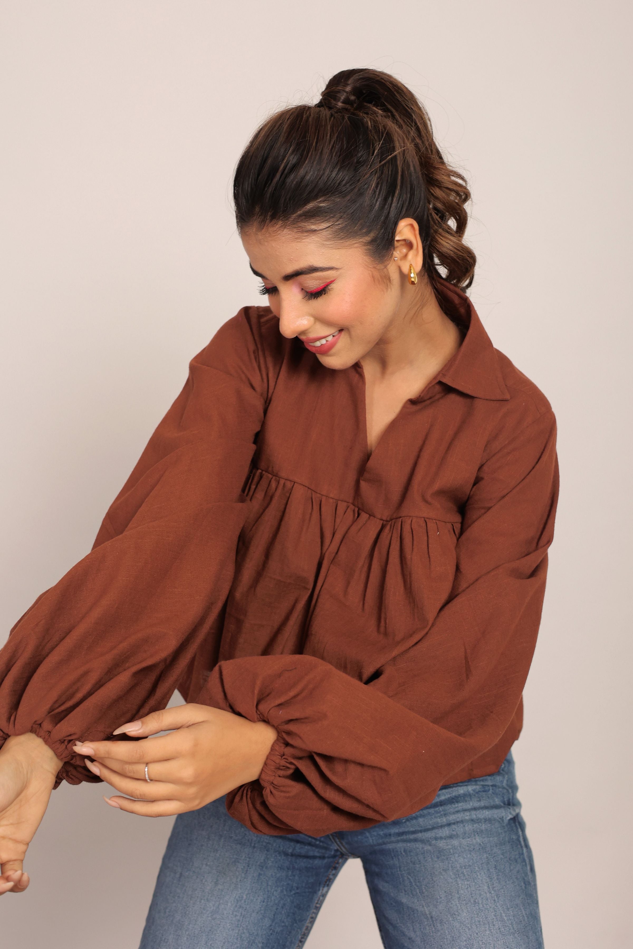 Brown Solid Collar Neckline Top - Kaoribyshreya
