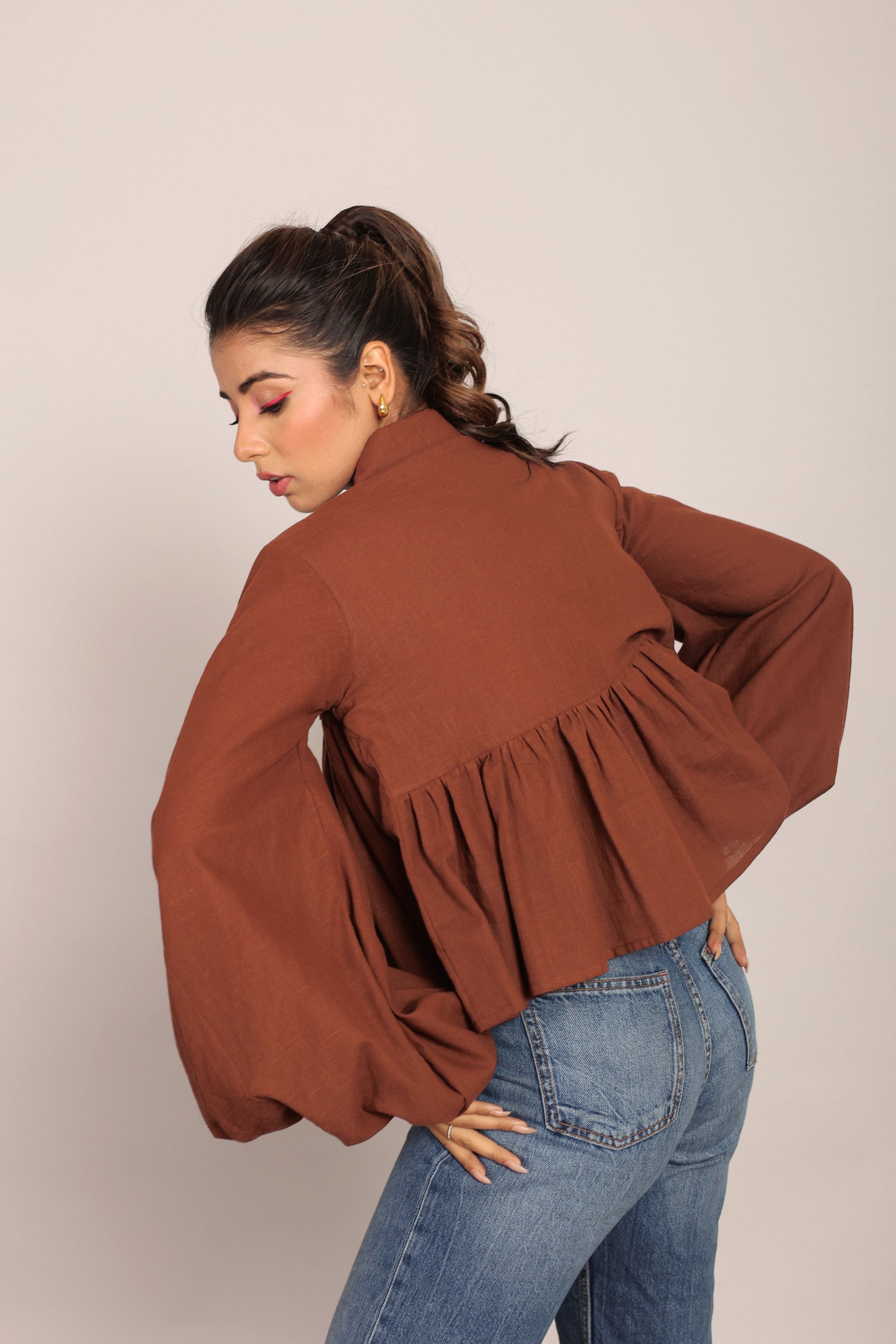 Brown Solid Collar Neckline Top - Kaoribyshreya