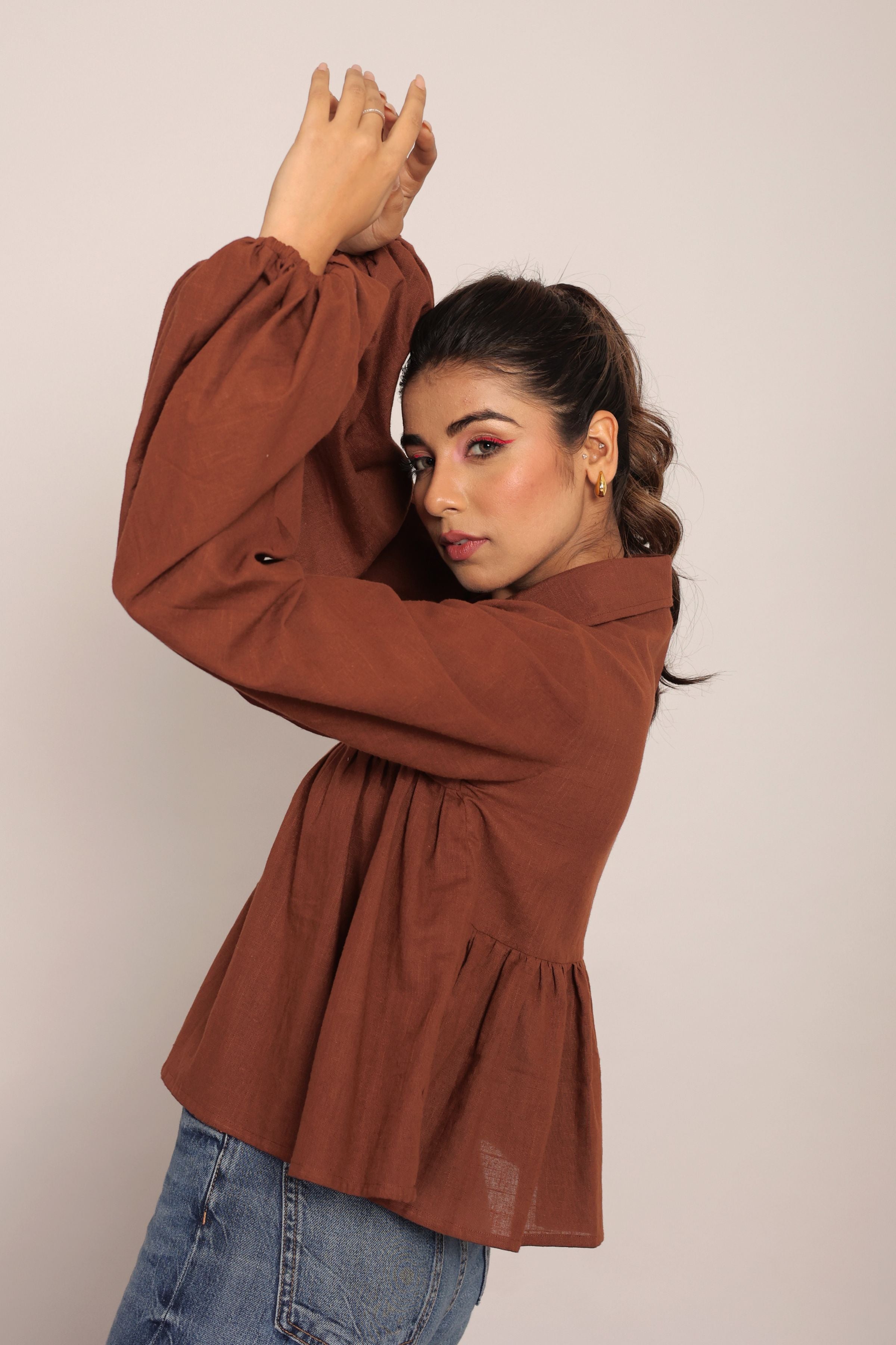 Brown Solid Collar Neckline Top - Kaoribyshreya