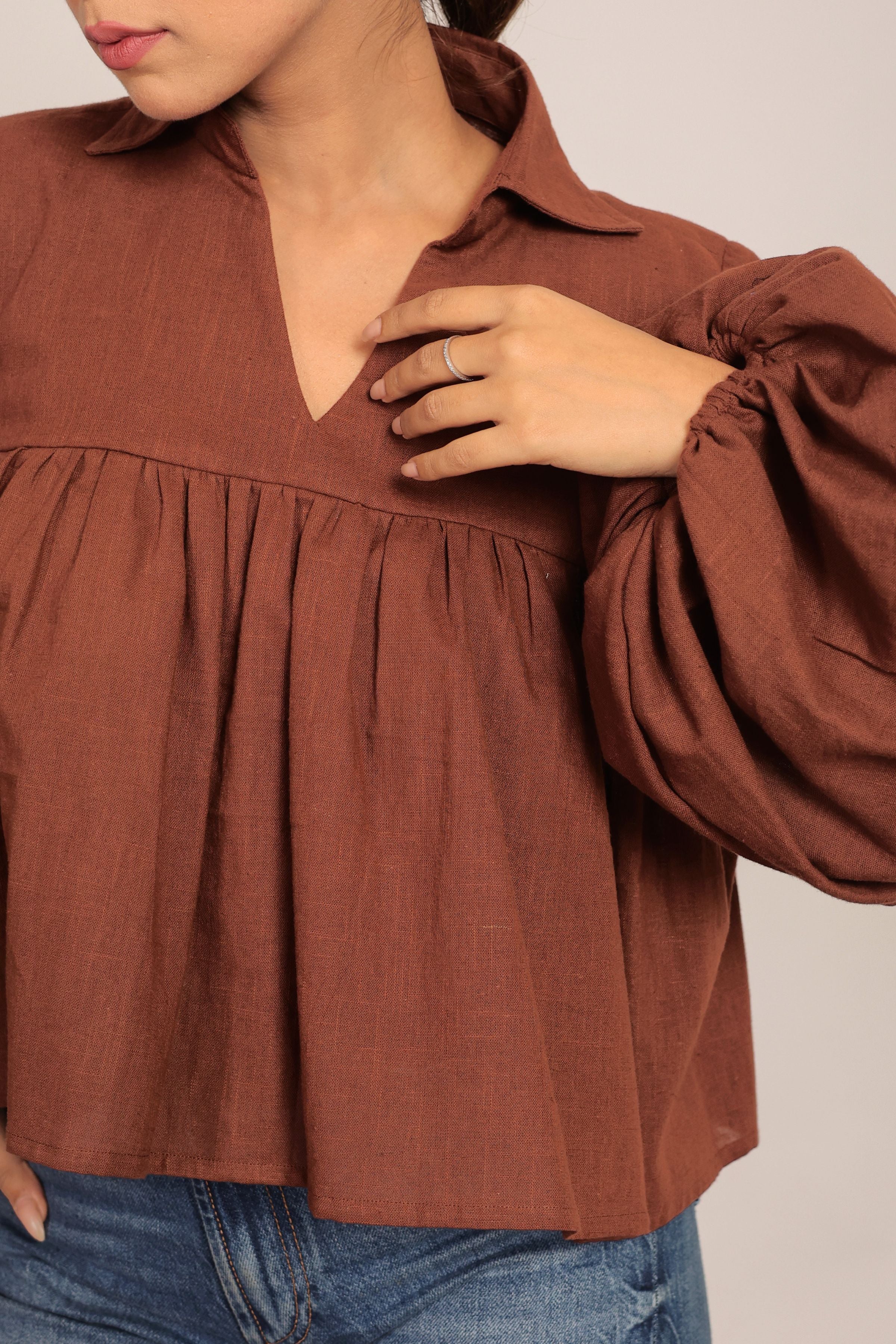 Brown Solid Collar Neckline Top - Kaoribyshreya