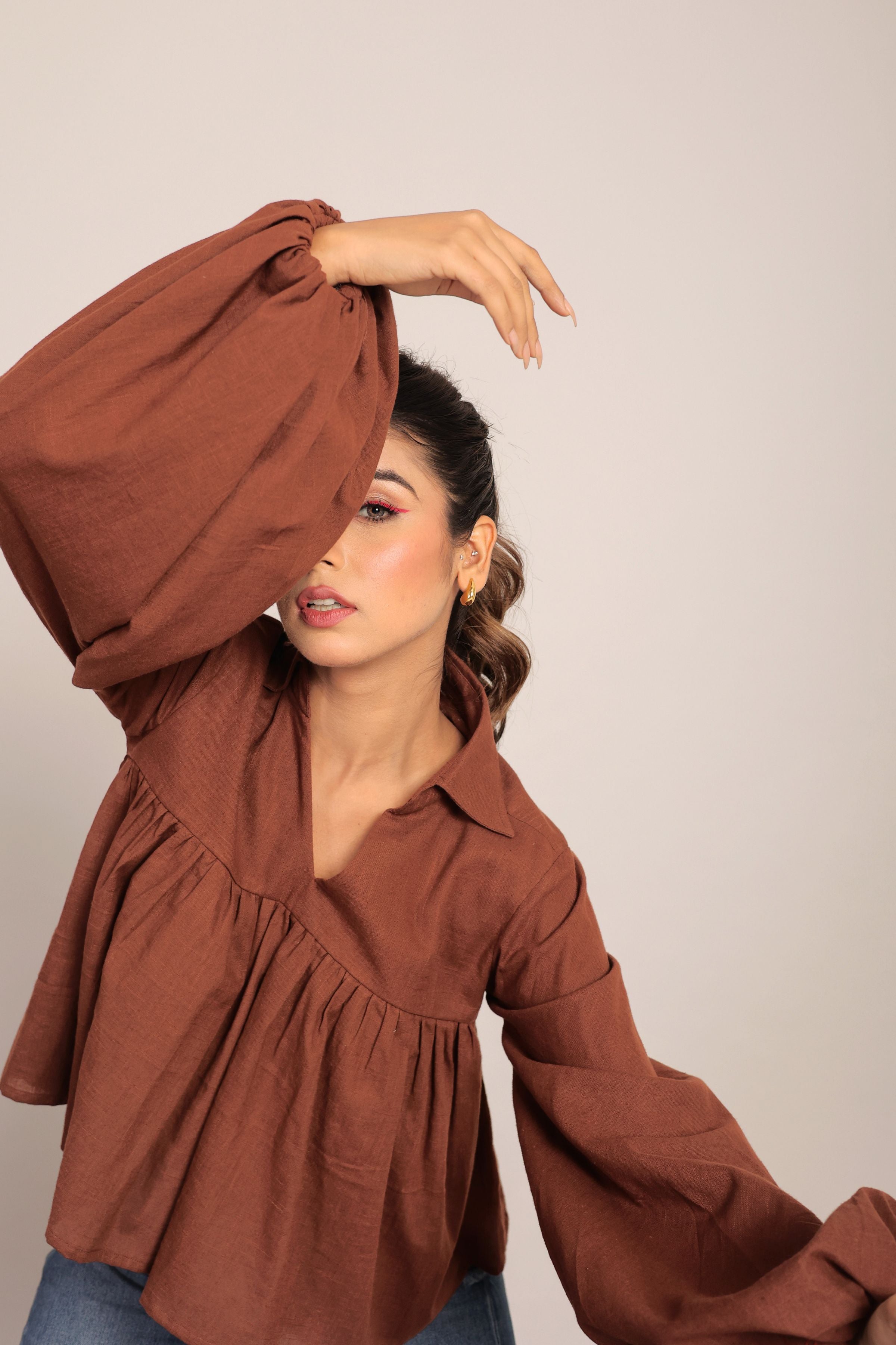 Brown Solid Collar Neckline Top - Kaoribyshreya