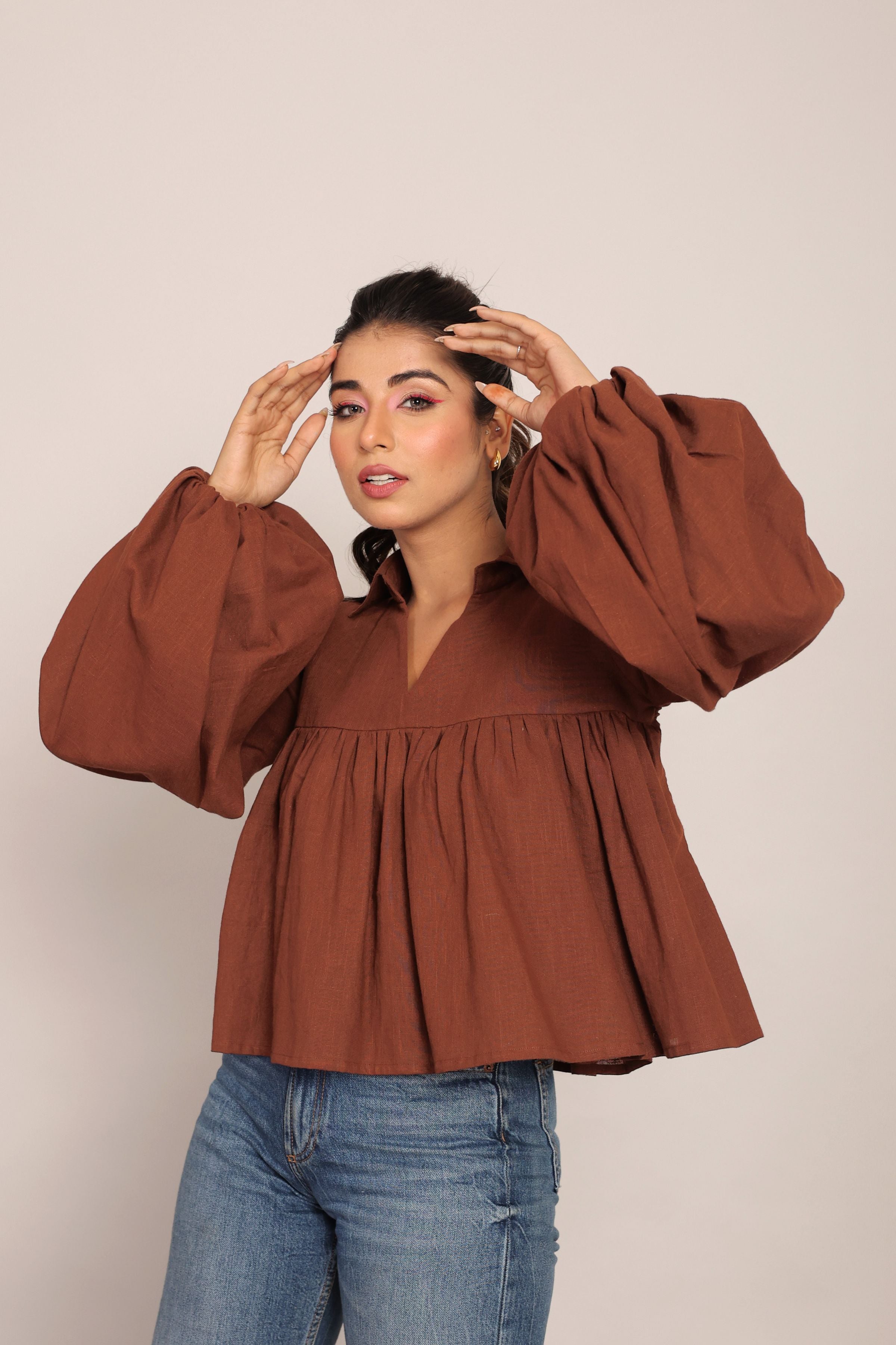 Brown Solid Collar Neckline Top - Kaoribyshreya