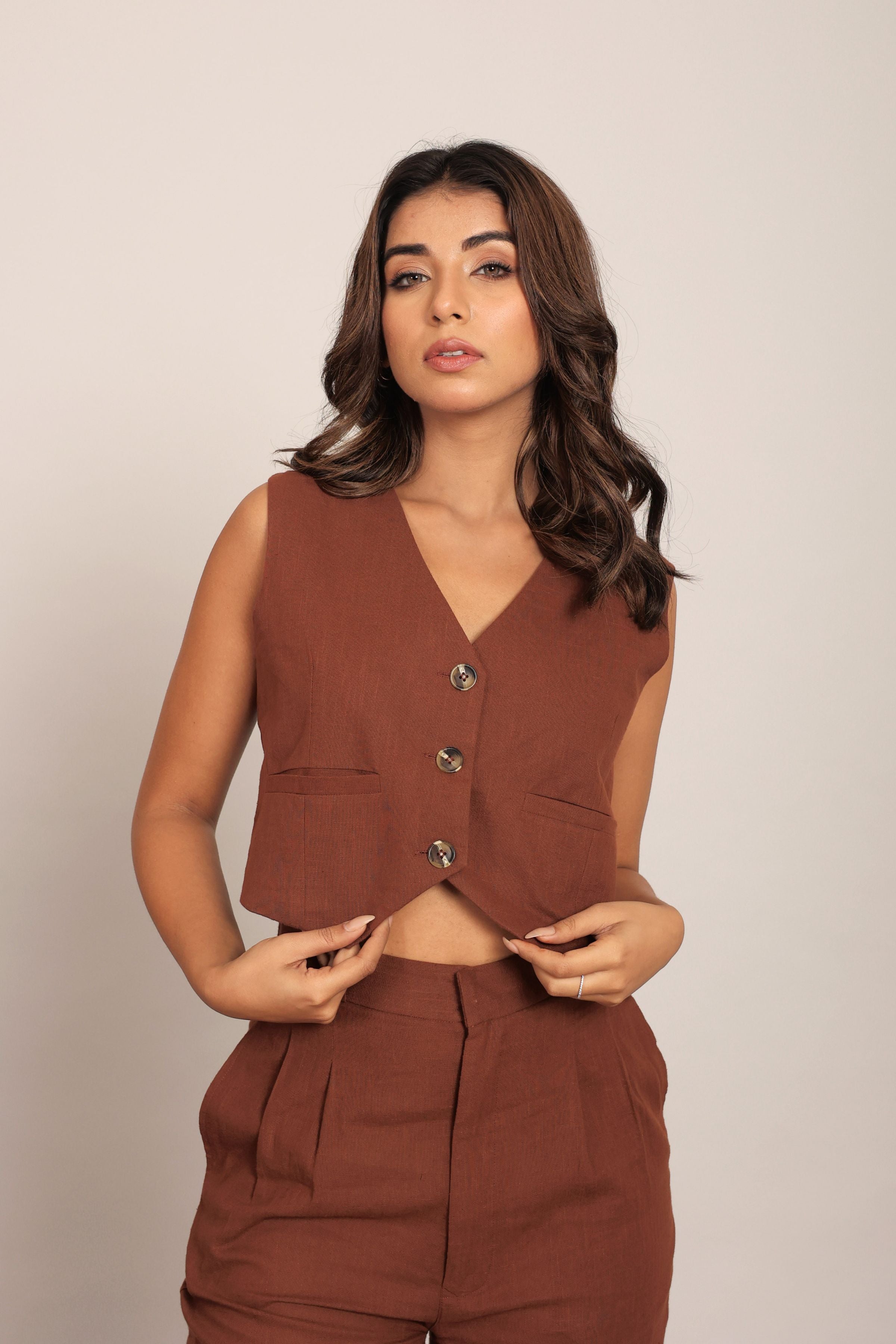 Brown Solid Relaxed Western Top with 2 Pockets - Kaoribyshreya