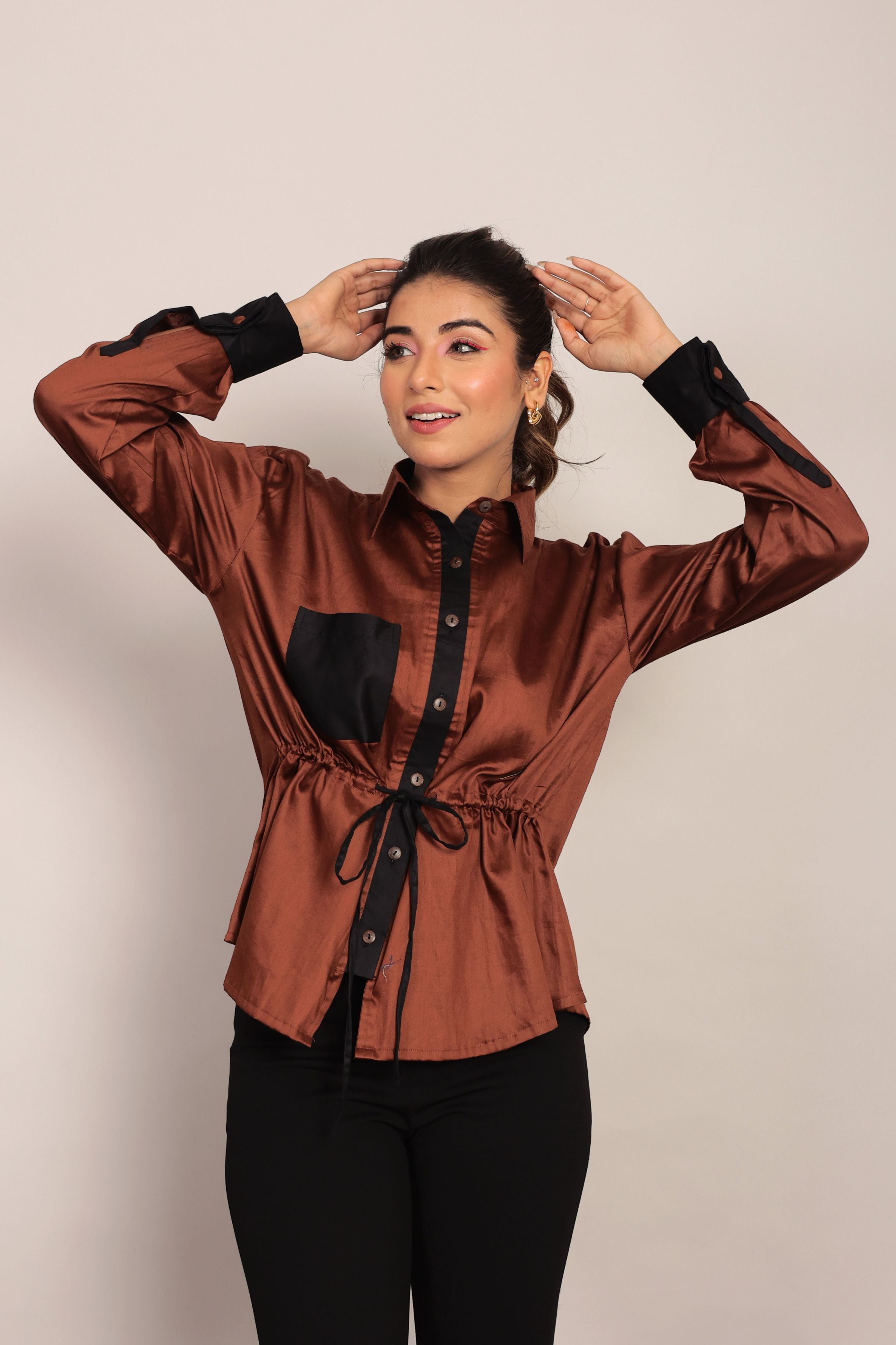 Coffee Brown Solid Summer Top With Waist Tie - Kaoribyshreya