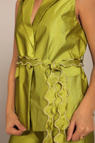 Green Solid Relaxed Top with Waist Tie Up Belt and 2 Pockets - Kaoribyshreya