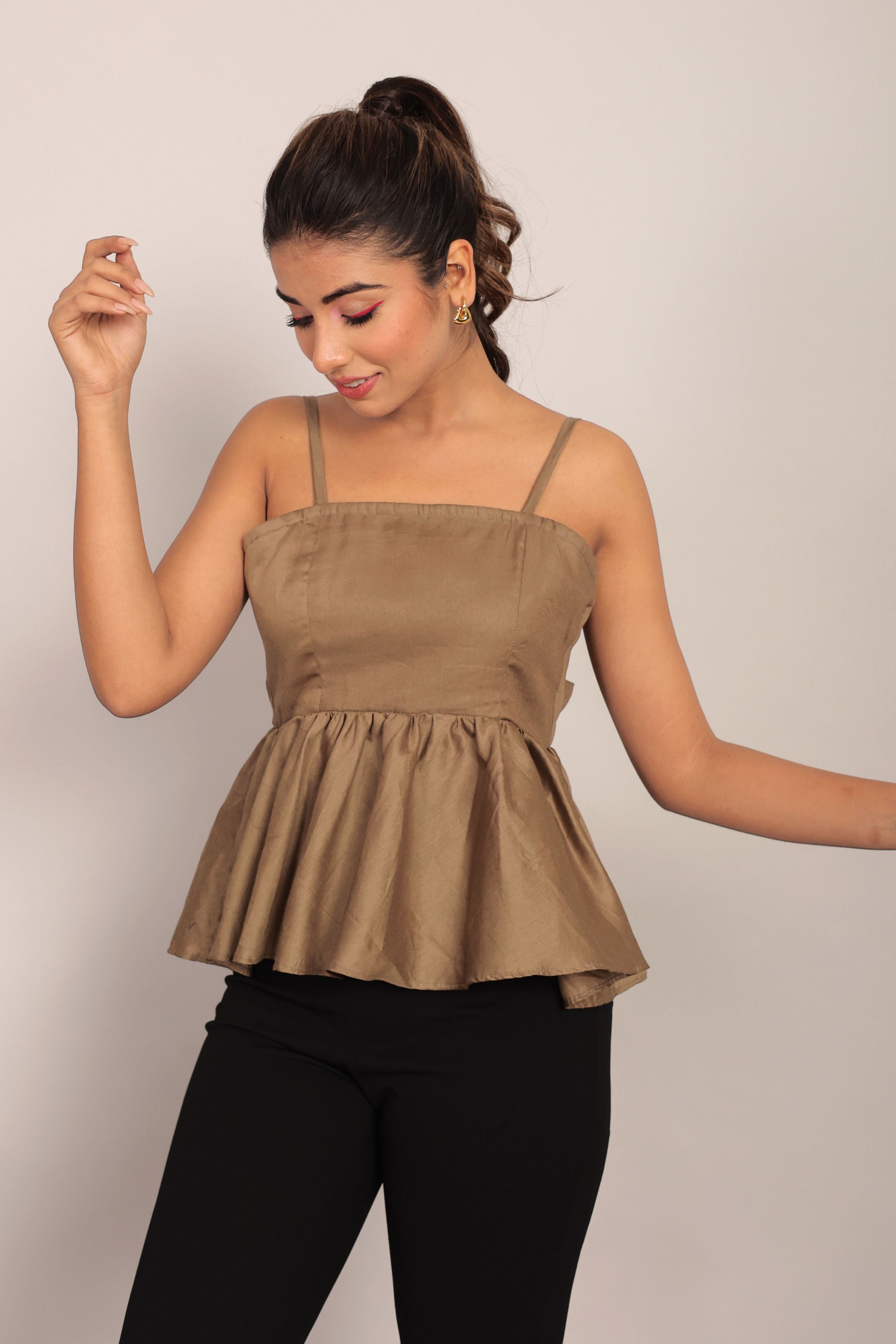 Khaki Green Glaze Cotton Peplum top with Back tie up - Kaoribyshreya