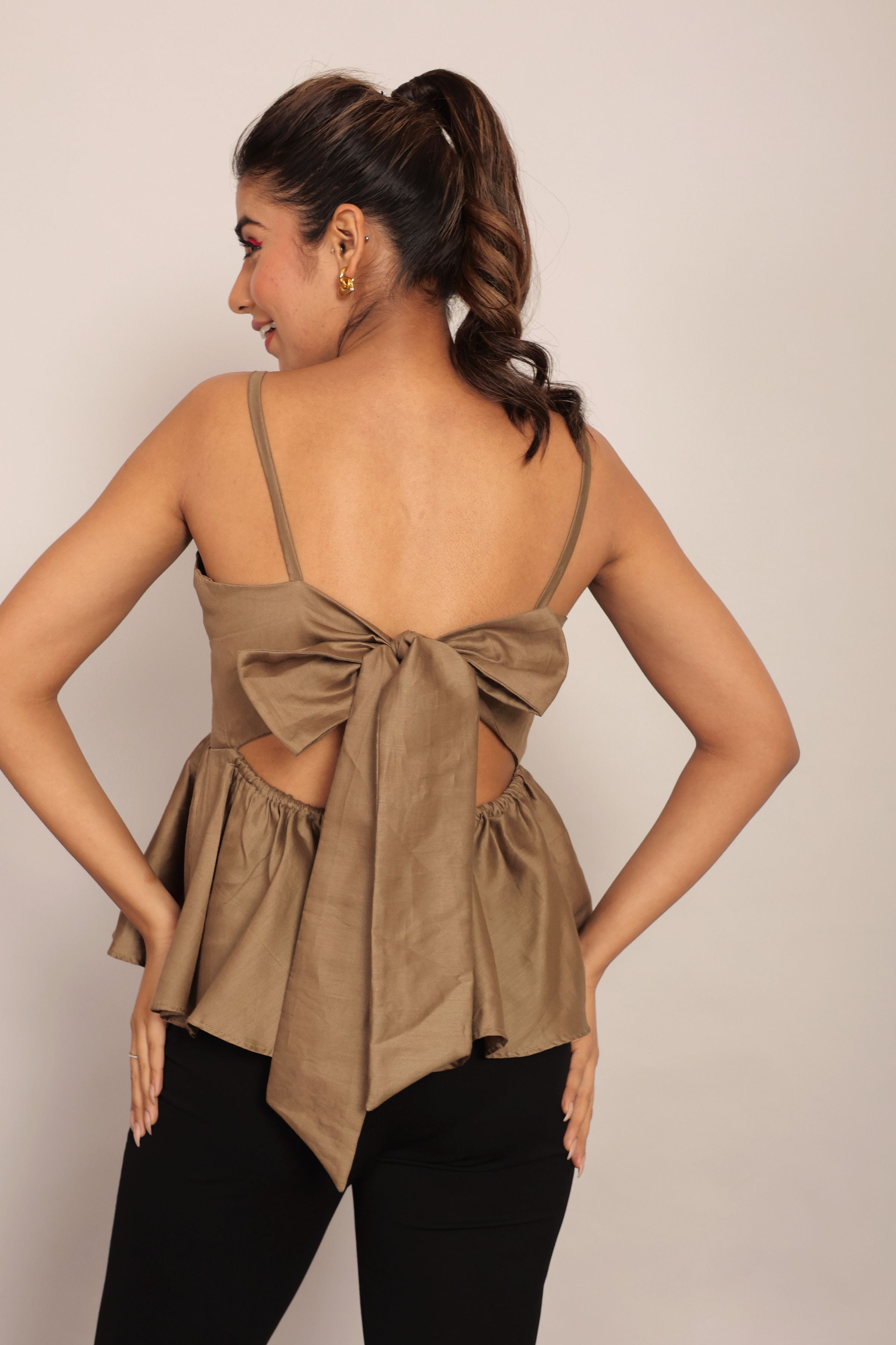 Khaki Green Glaze Cotton Peplum top with Back tie up - Kaoribyshreya