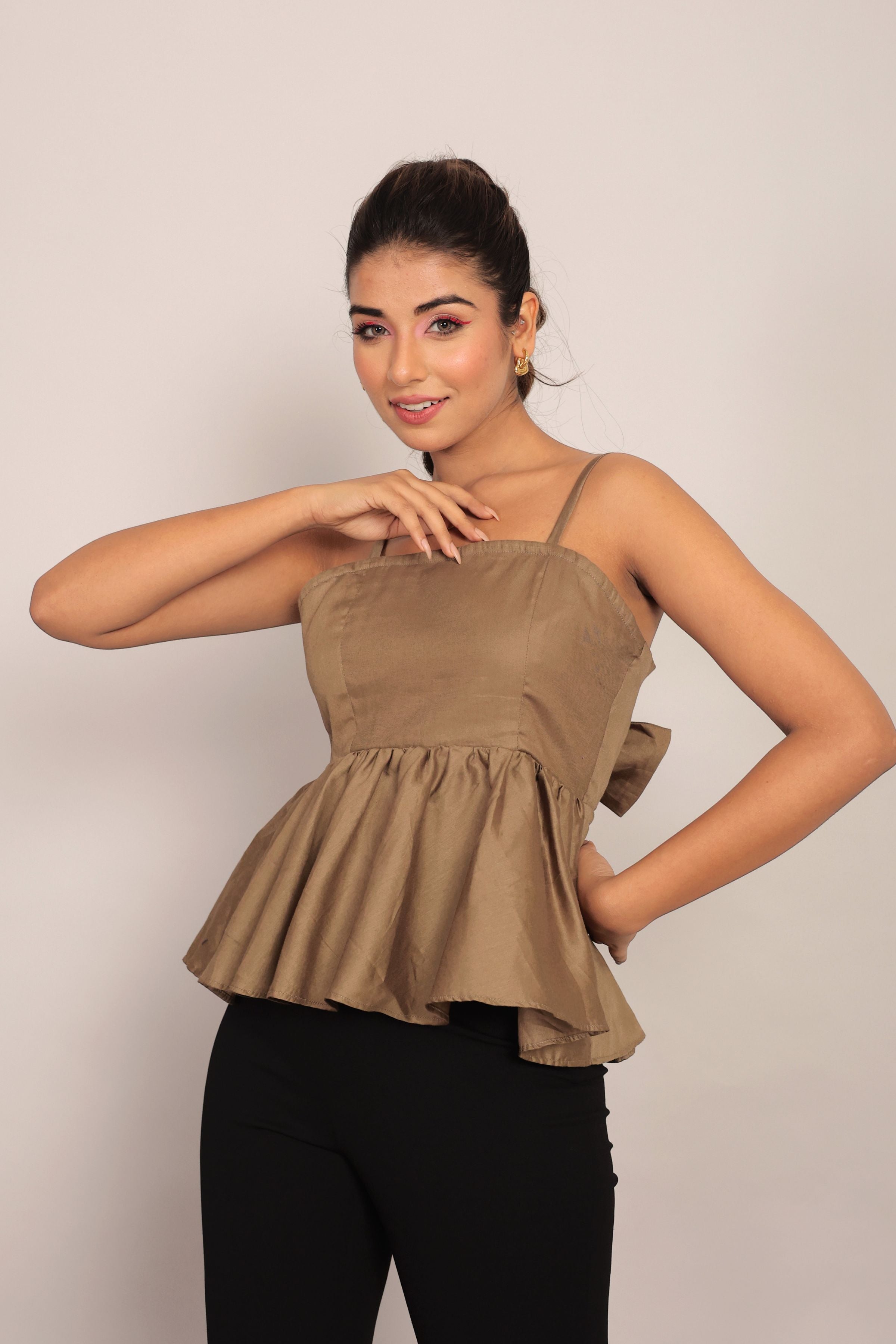 Khaki Green Glaze Cotton Peplum top with Back tie up - Kaoribyshreya