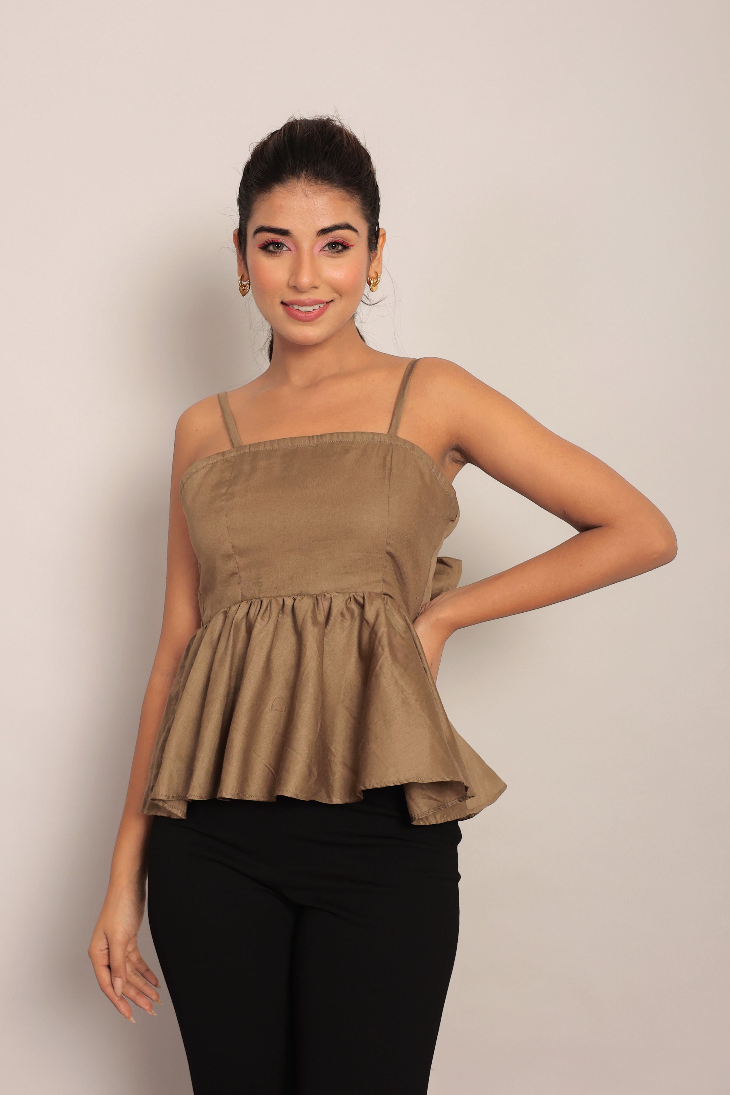 Khaki Green Glaze Cotton Peplum top with Back tie up - Kaoribyshreya
