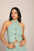 Mint Green solid Fitted Western Top with Closer 3 Buttons - Kaoribyshreya