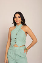 Mint Green solid Fitted Western Top with Closer 3 Buttons - Kaoribyshreya