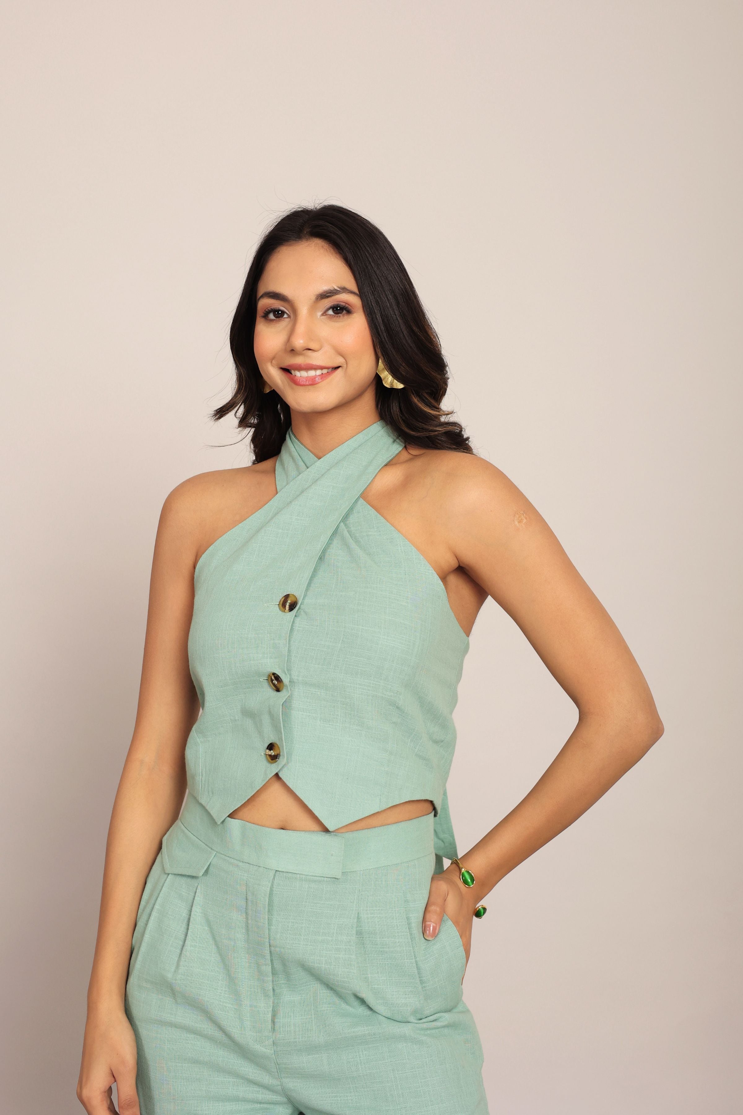Mint Green solid Fitted Western Top with Closer 3 Buttons - Kaoribyshreya