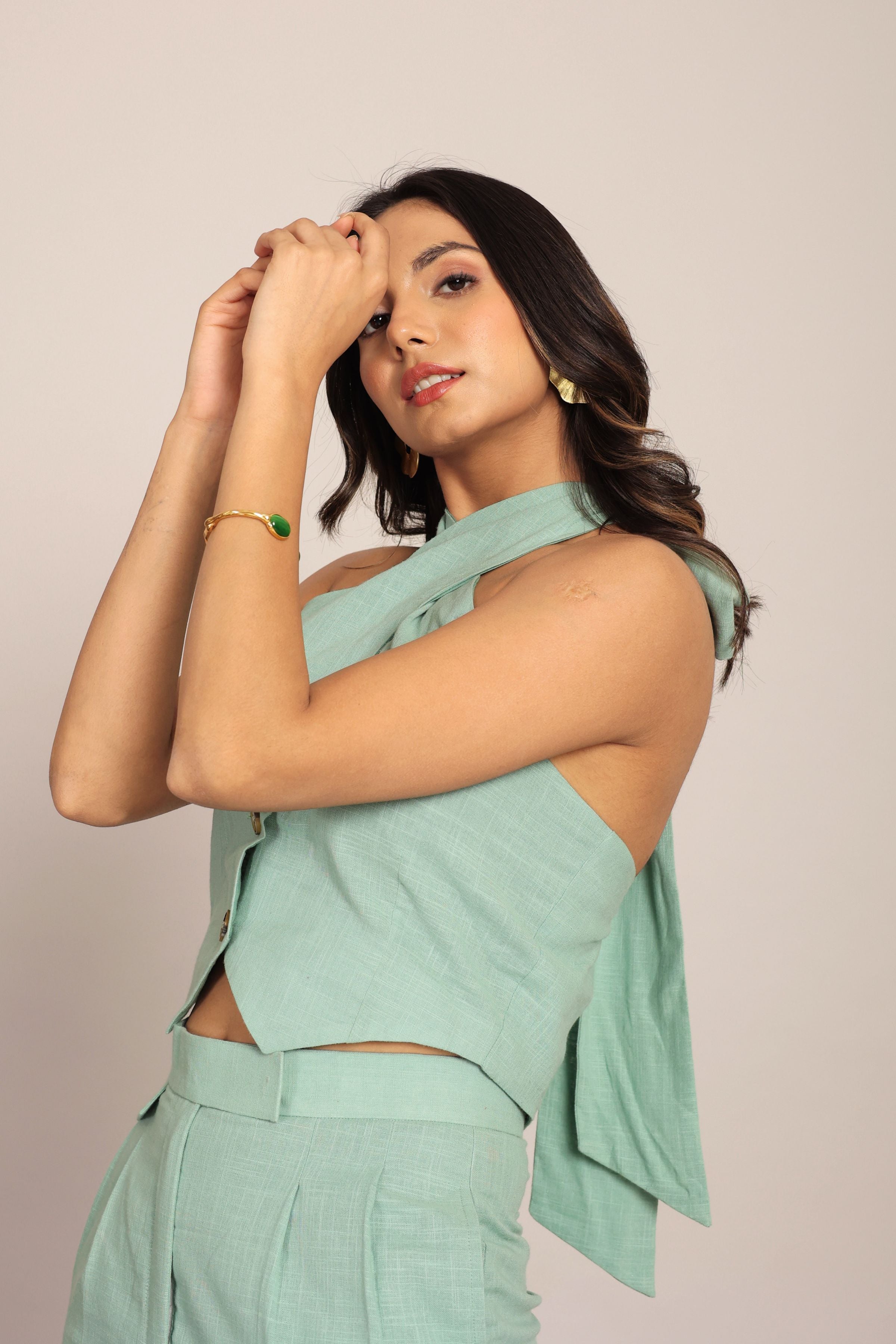 Mint Green solid Fitted Western Top with Closer 3 Buttons - Kaoribyshreya