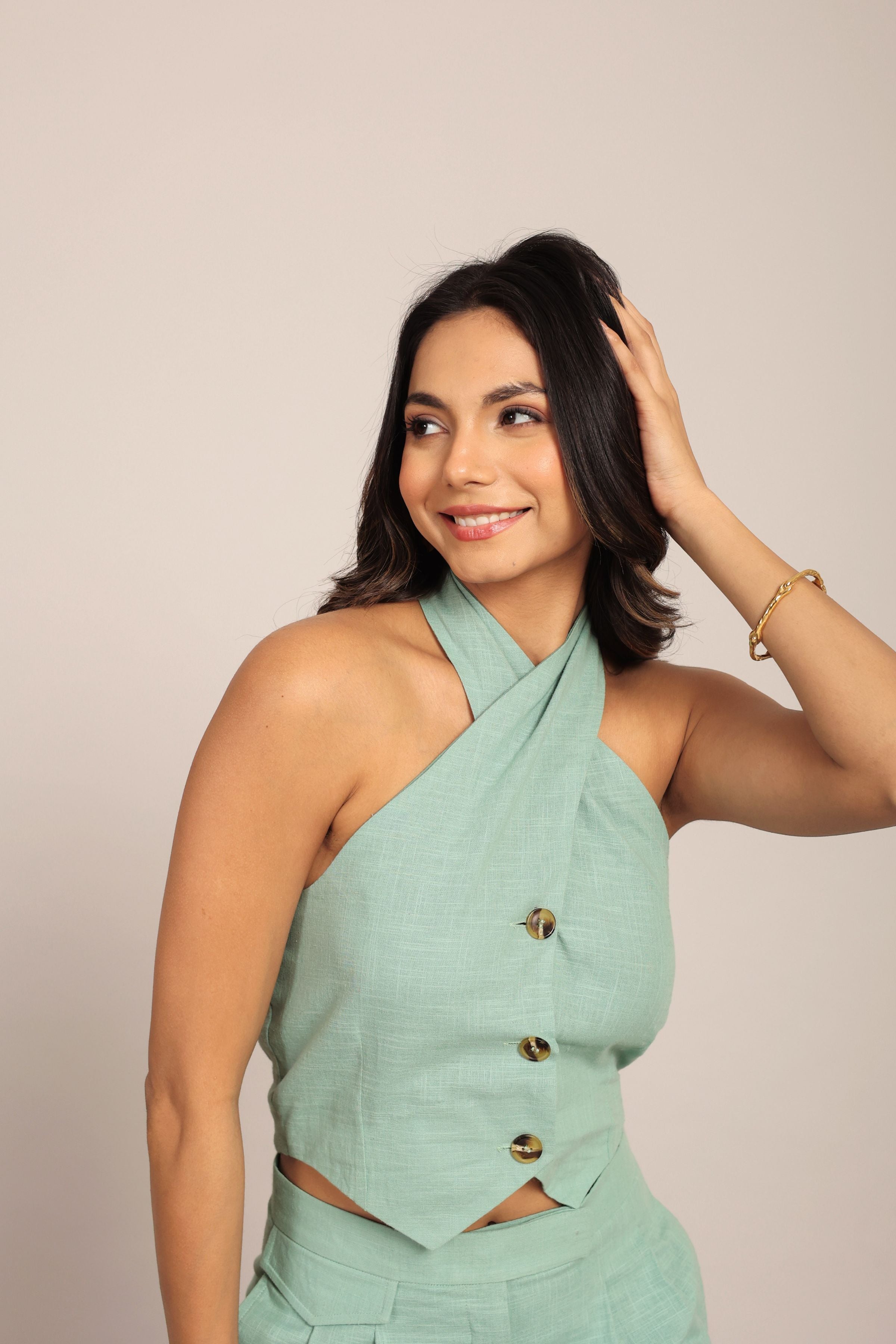 Mint Green solid Fitted Western Top with Closer 3 Buttons - Kaoribyshreya