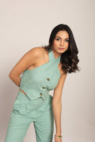 Mint Green solid Fitted Western Top with Closer 3 Buttons - Kaoribyshreya