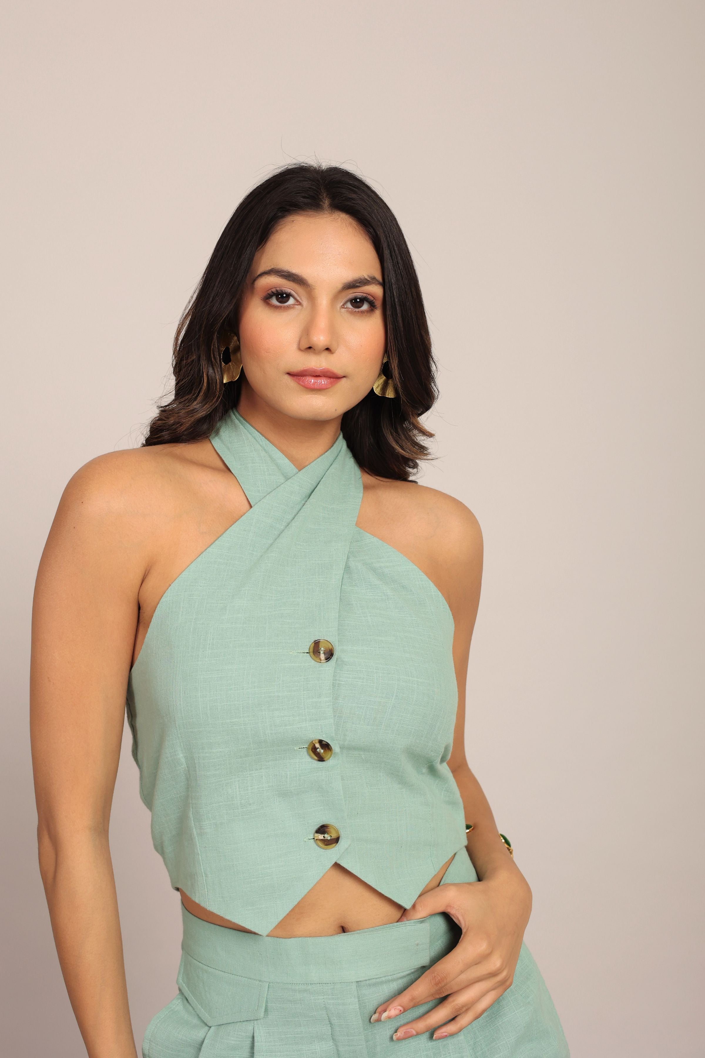 Mint Green solid Fitted Western Top with Closer 3 Buttons - Kaoribyshreya