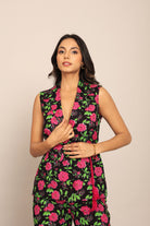 Black Multicolor Floral Printed Relaxed Top with Collar - Kaoribyshreya