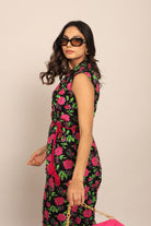 Black Multicolor Floral Printed Relaxed Top with Collar - Kaoribyshreya