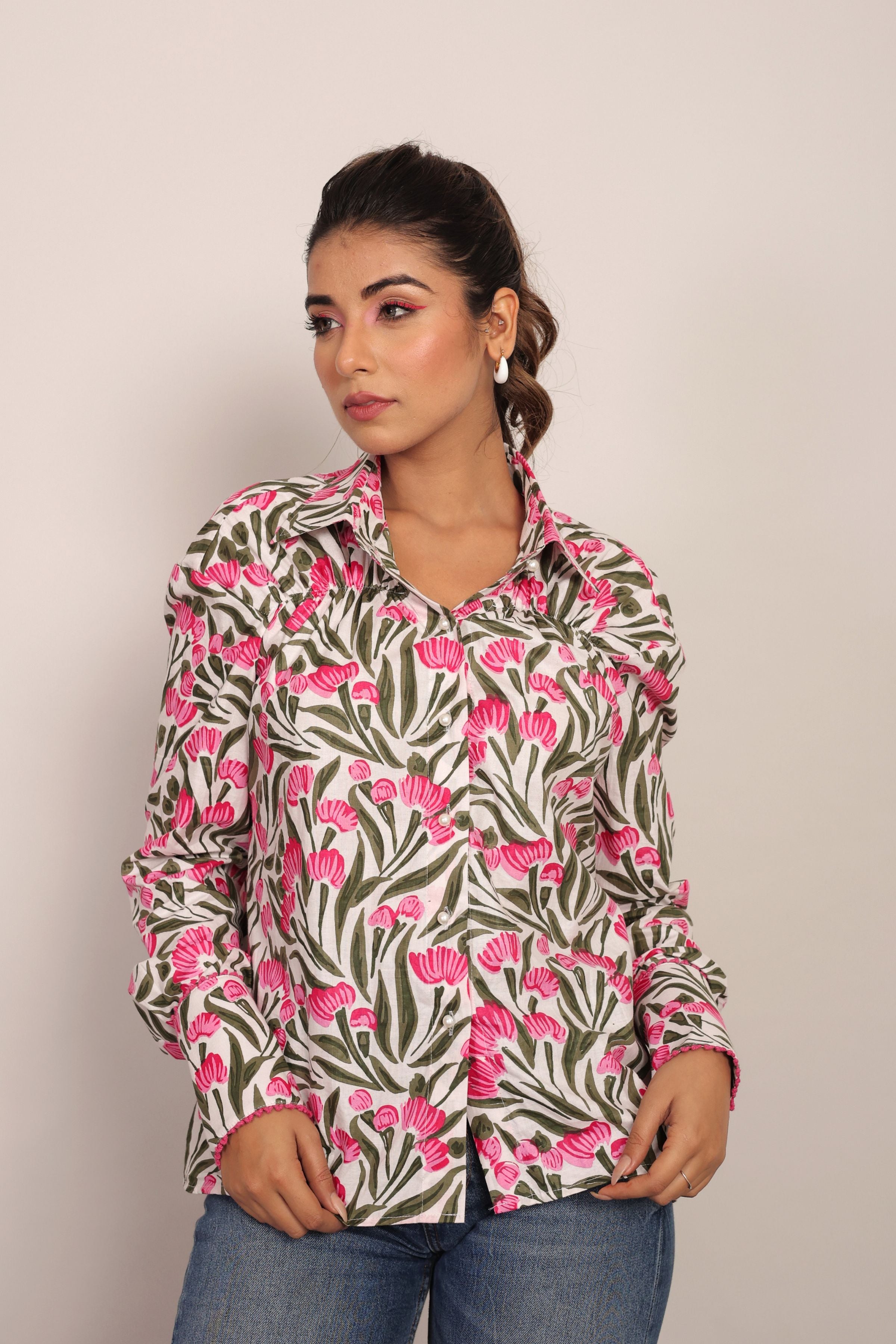 Multicolor Floral Summer Relaxed Shirt With Collar Neckline - Kaoribyshreya