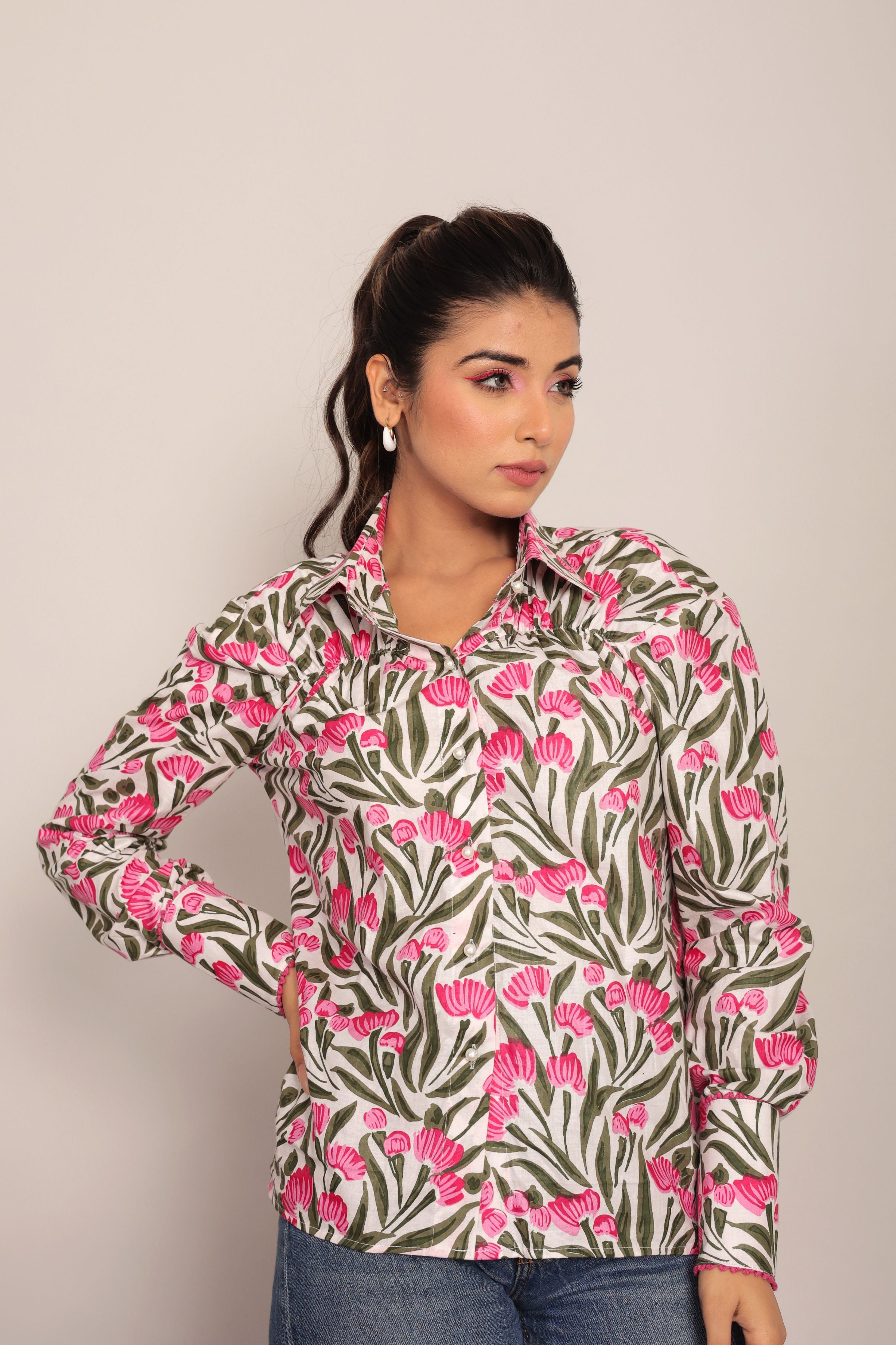 Multicolor Floral Summer Relaxed Shirt With Collar Neckline - Kaoribyshreya