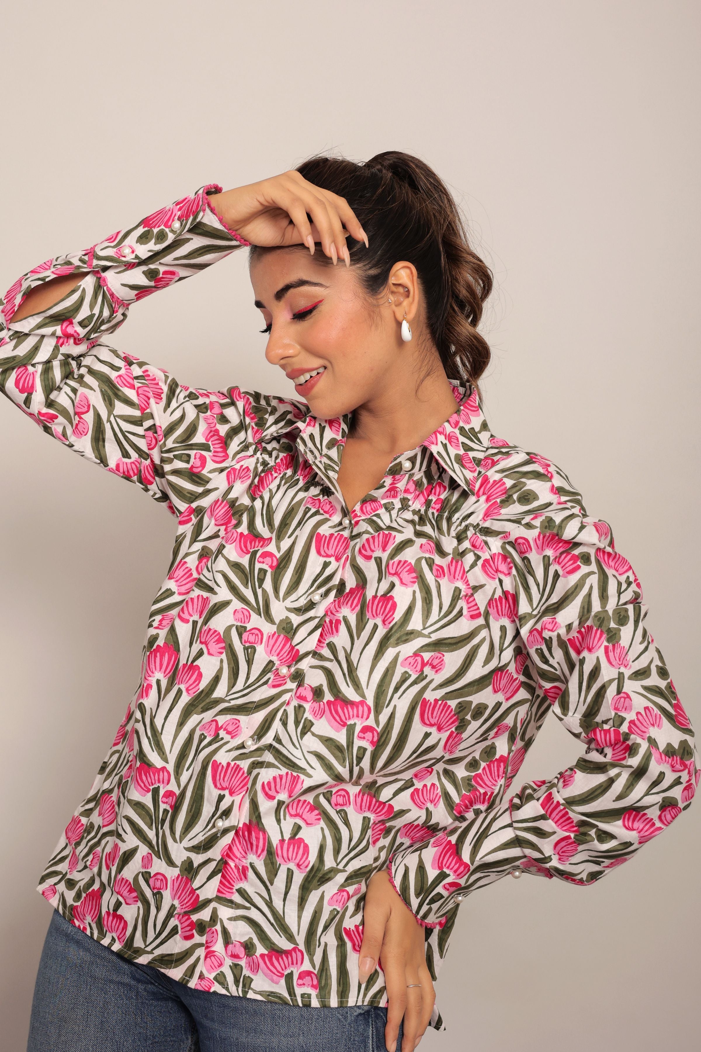 Multicolor Floral Summer Relaxed Shirt With Collar Neckline - Kaoribyshreya