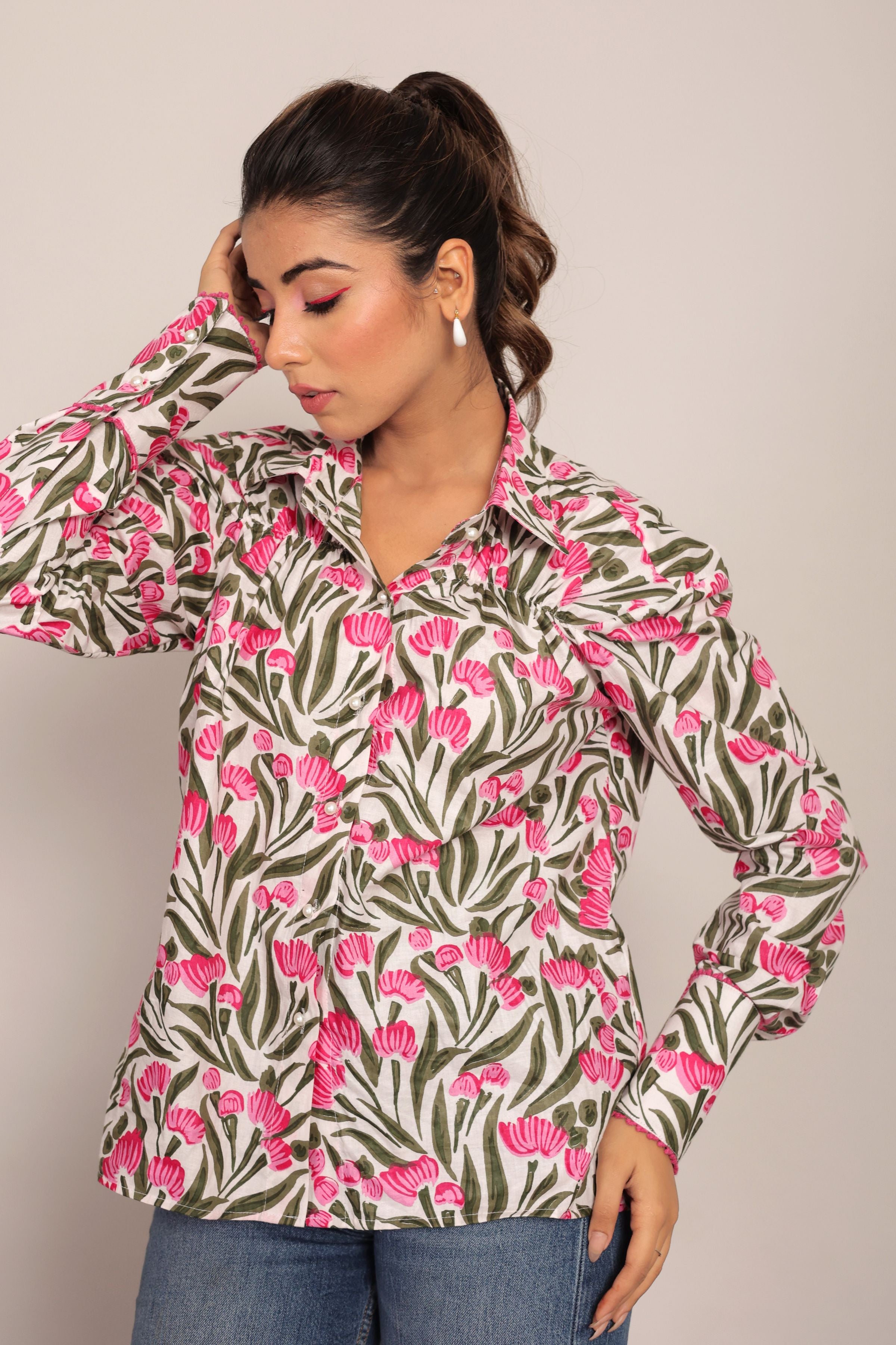 Multicolor Floral Summer Relaxed Shirt With Collar Neckline - Kaoribyshreya
