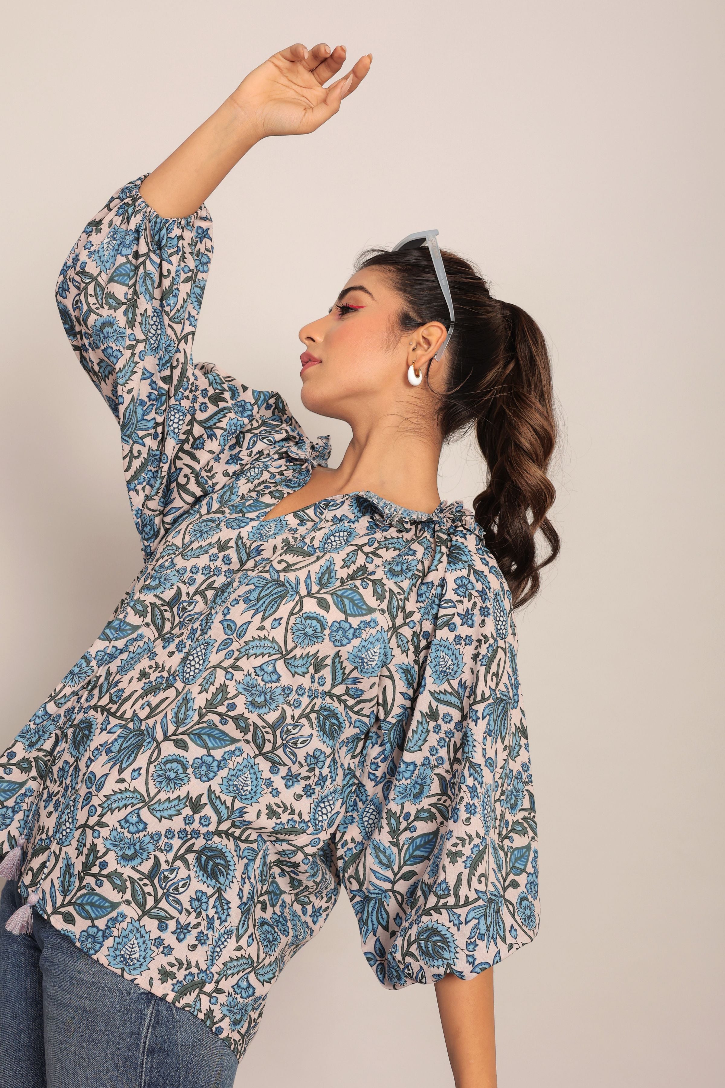 Multicolor Floral Summer Relaxed Top With Collar Neckline - Kaoribyshreya