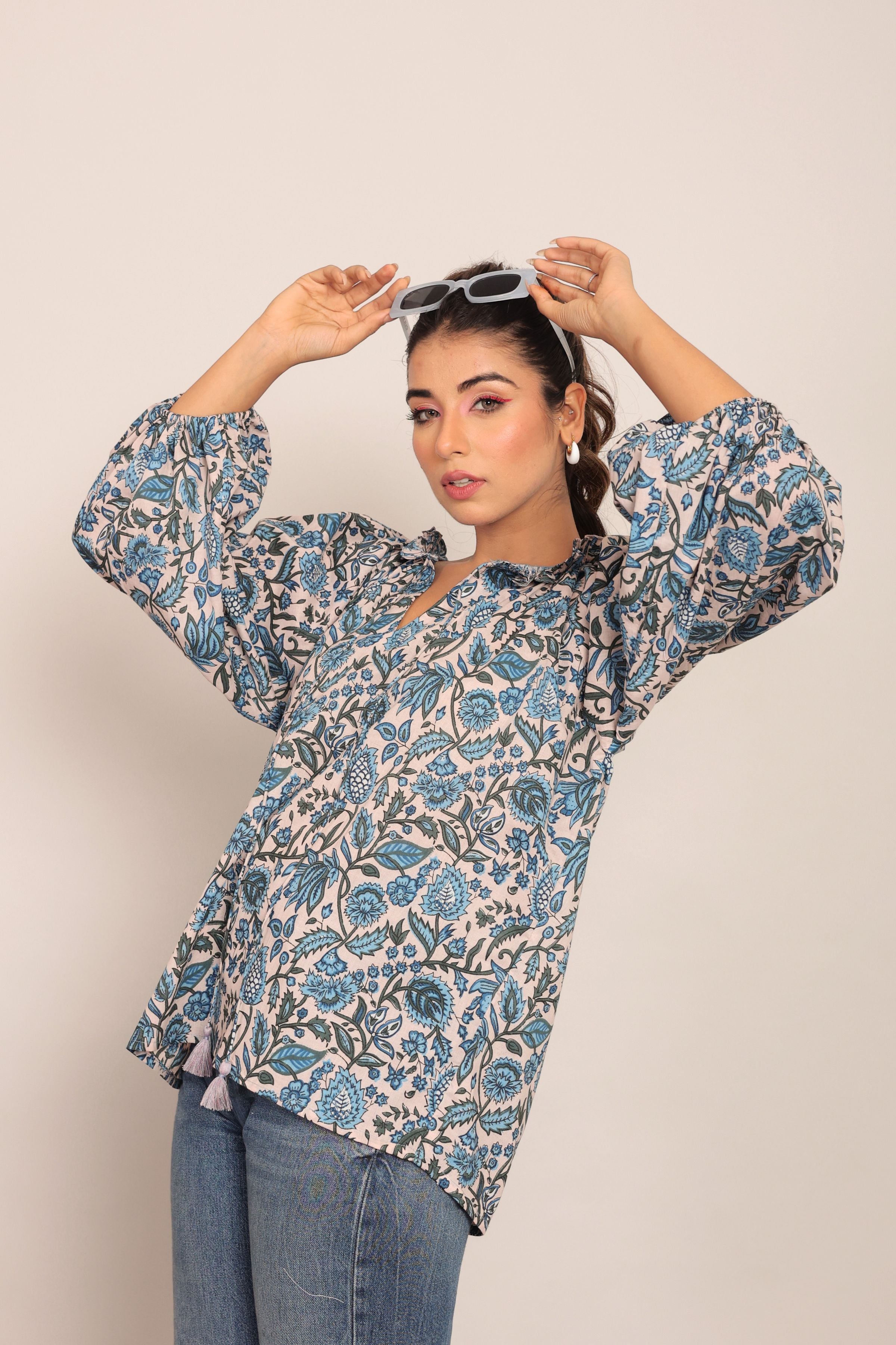 Multicolor Floral Summer Relaxed Top With Collar Neckline - Kaoribyshreya