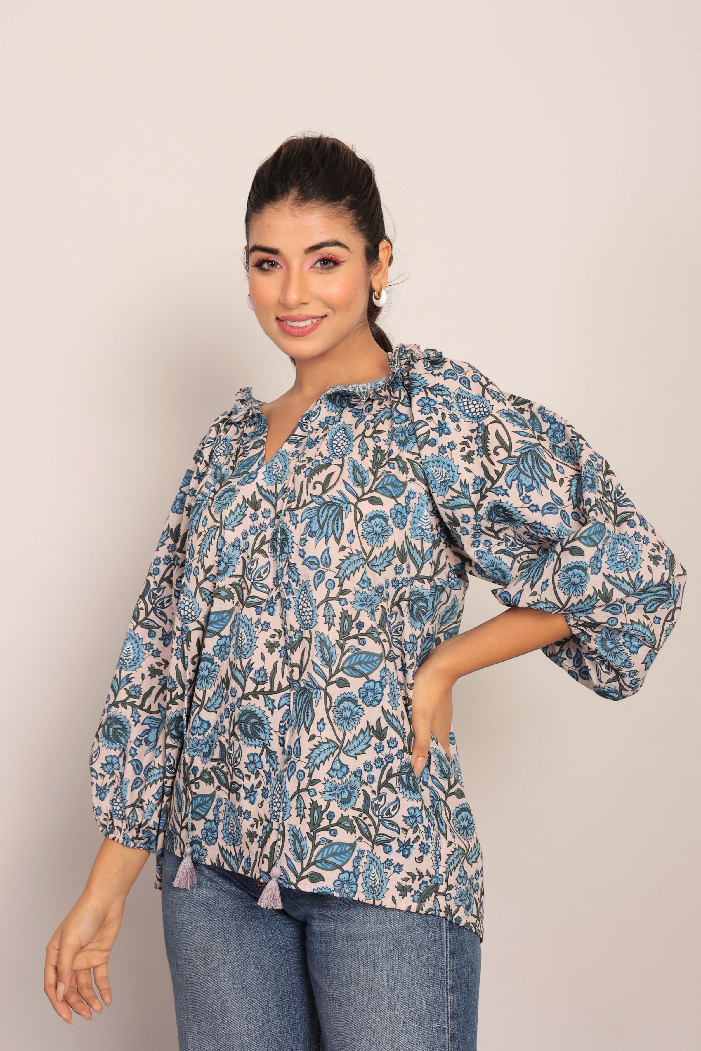 Multicolor Floral Summer Relaxed Top With Collar Neckline - Kaoribyshreya